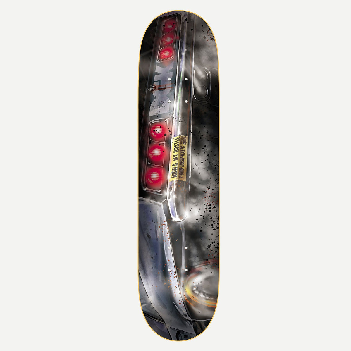 DGK Leave a Message Kalis 7.8 skateboard deck: Close-up airbrushed-style image of a car's rear end, with glowing red tail lights, chrome bumper and drifting smoke with black splatter. A yellow tape-style label reads HOW'S MY HUSTLE with a phone number.