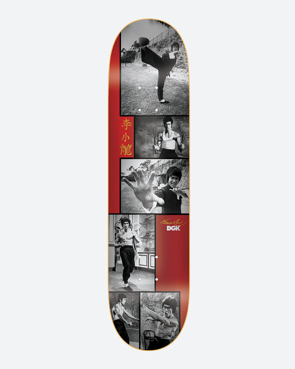 DGK x Bruce Lee Legend skateboard deck: Stacked black and white photographs of a martial artist in various kicks and poses, some holding nunchaku, framed on a red background with gold Chinese characters, a signature and the DGK logo.