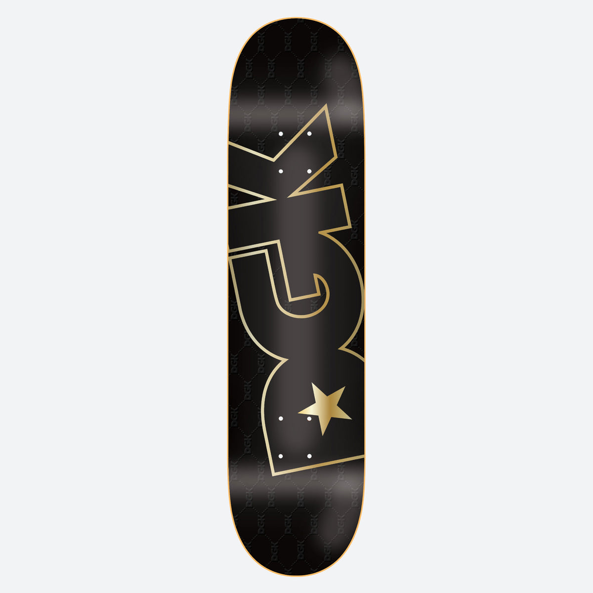 DGK Limo Embossed skateboard deck: A huge gold-outlined DGK logo with a gold star, running the length of a glossy black deck over a faint repeating DGK pattern.