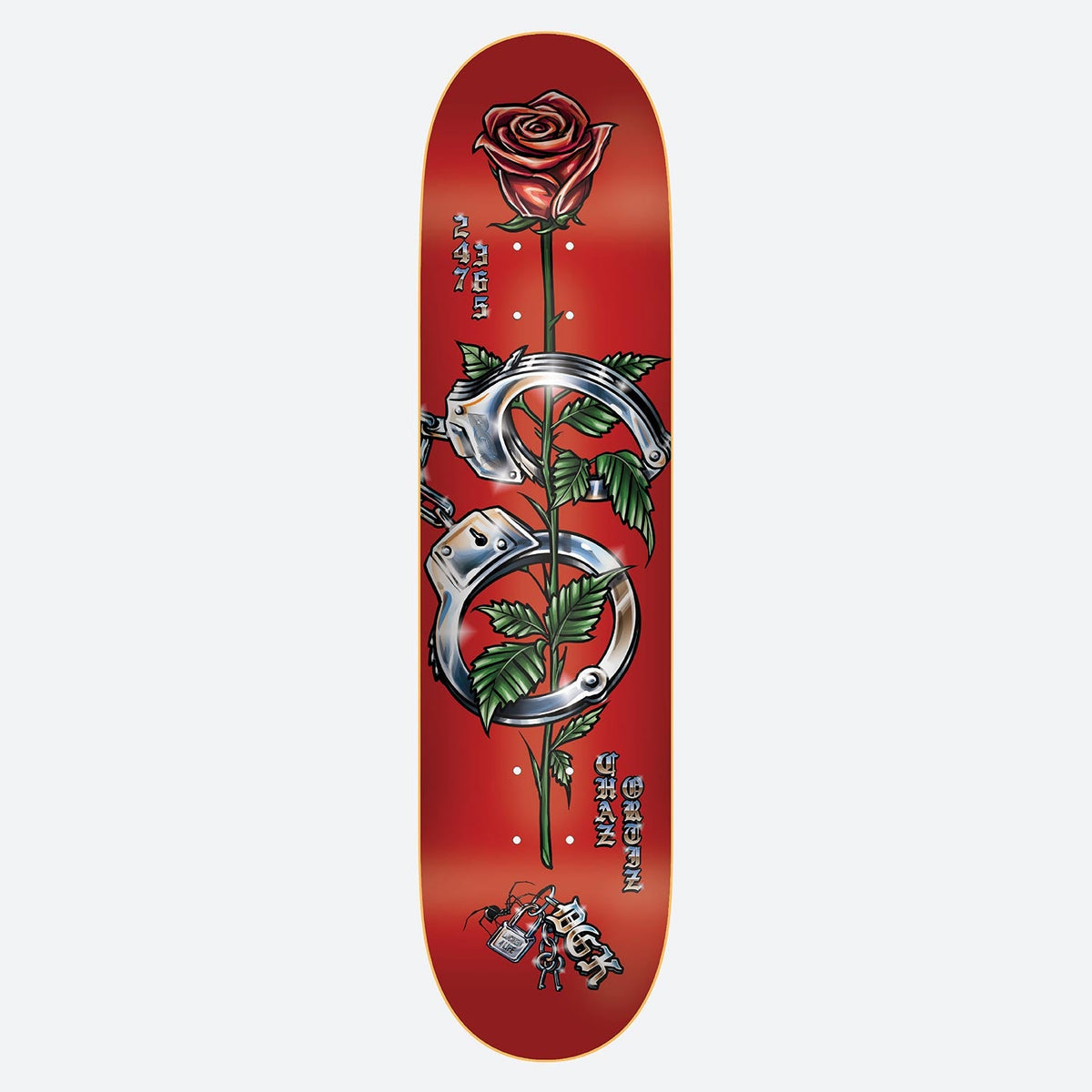DGK Locked Ortiz 8.1 skateboard deck: Long-stemmed red rose entwined with silver handcuffs, with tattoo-style gloss shading on a red deck. Gothic lettering for the rider name, 24/7 365 at the upper left and a padlock with keys and DGK logo at the bottom.