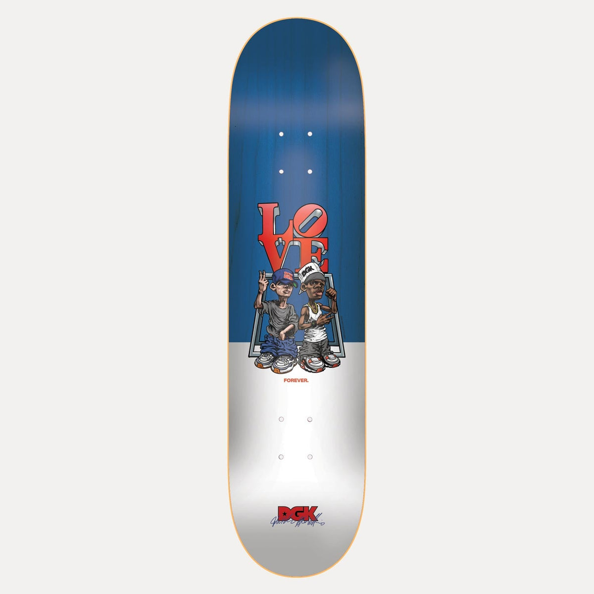DGK Love Forever 8.25 skateboard deck: Cartoon illustration of two young men in baggy clothes and trainers posing in front of a red LOVE sculpture, on a deck split blue at the top and white below. The word Forever and a DGK logo sit underneath.