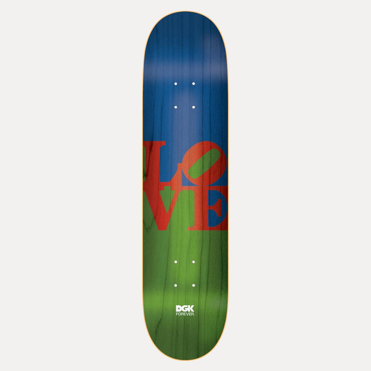 DGK Love Forever Inlay 8.5 skateboard deck: Large red LOVE sculpture lettering, with the O tilted, across the centre of a deck that fades from blue at the top to green at the bottom. A small white DGK Forever logo sits near the tail.