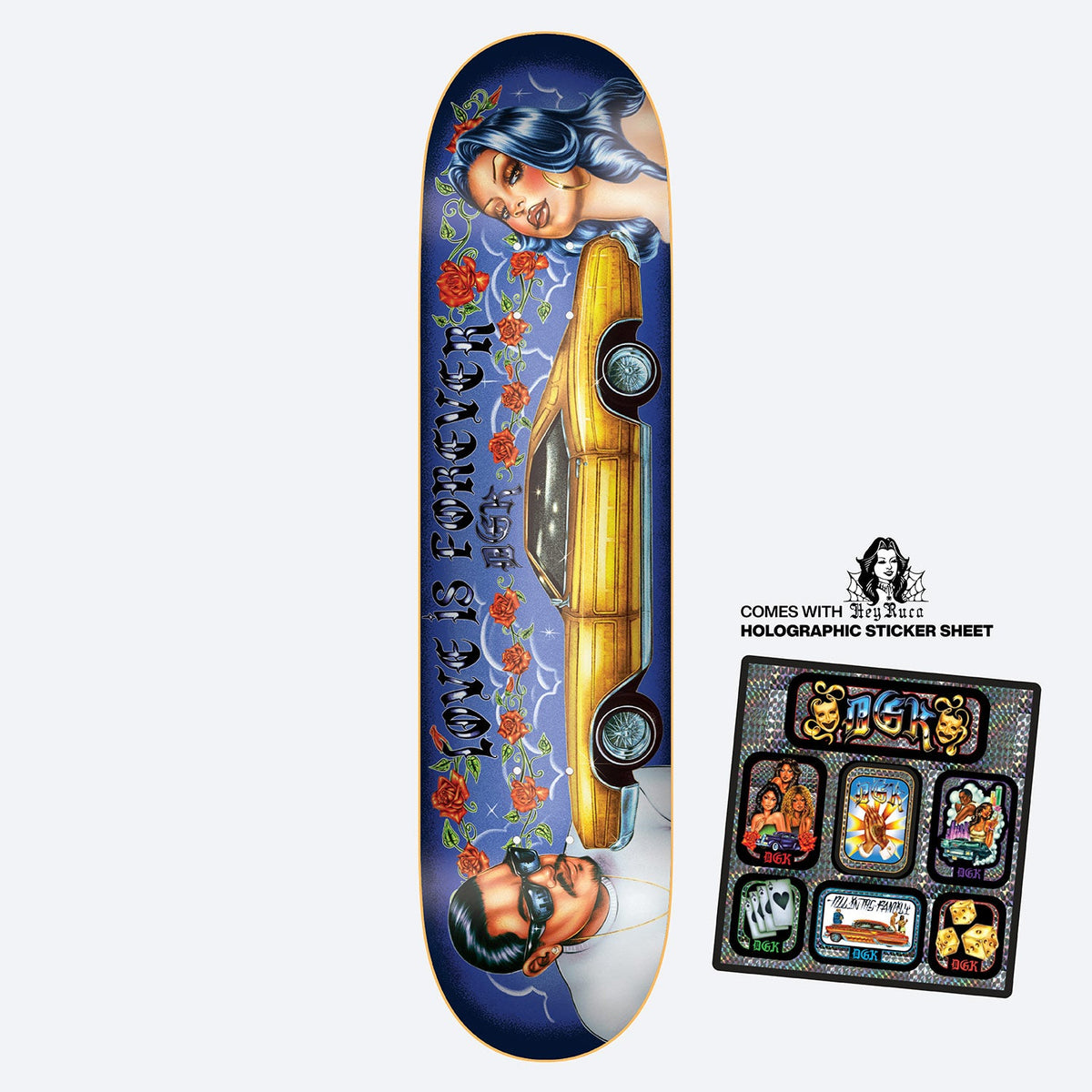 DGK x Hey Ruca Love is Forever 8.38 skateboard deck: A golden lowrider car sits between a woman with dark blue hair at the nose and a man in sunglasses at the tail, surrounded by roses, on a blue background. Love Is Forever lettering runs up the side. A holographic sticker sheet is pictured beside.