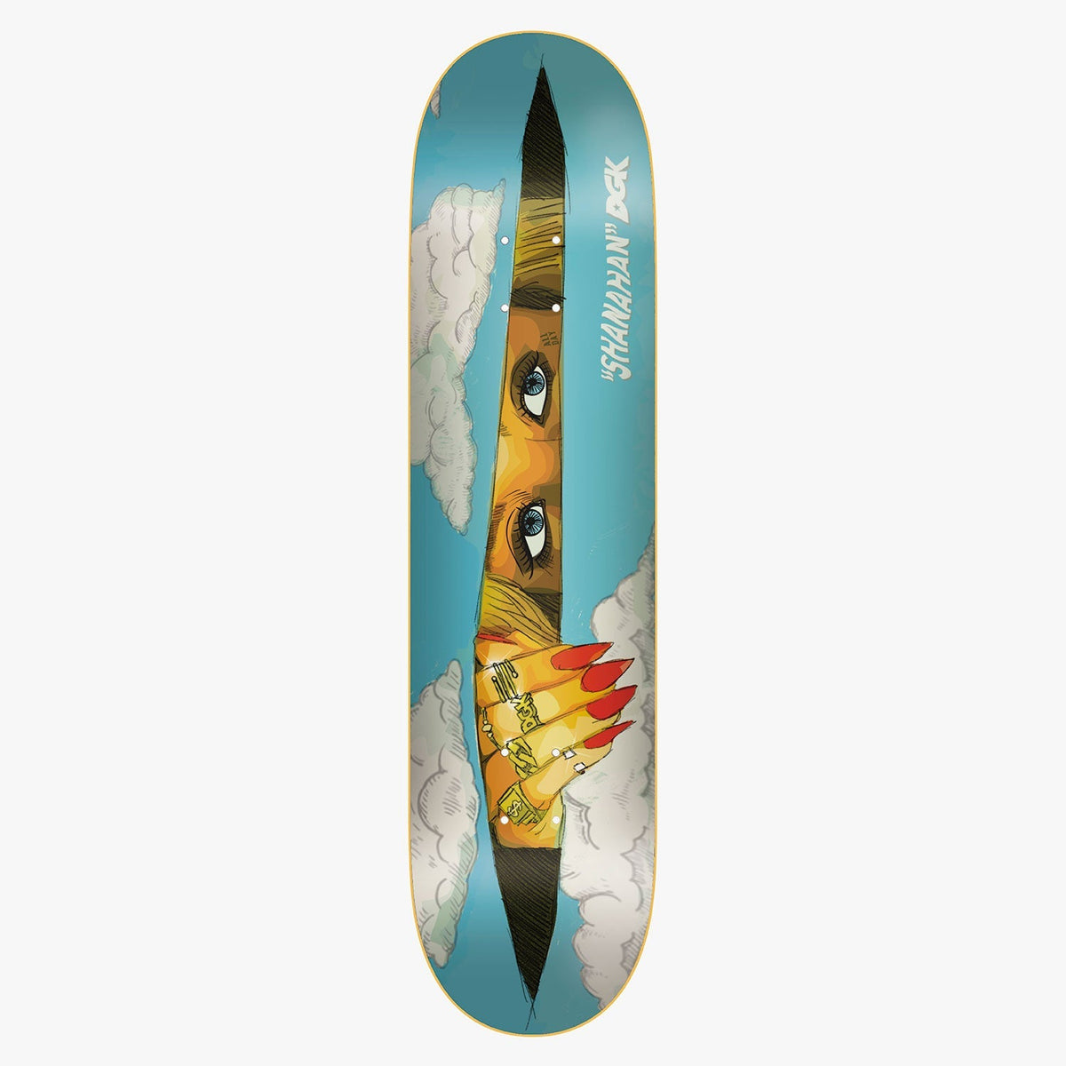DGK Lurk John Shanahan 8.06 skateboard deck: Comic-style illustration of a narrow slit in a cloudy blue sky revealing a woman's eyes and a hand with long red nails and rings covering her mouth. Rider name and DGK logo beside it.
