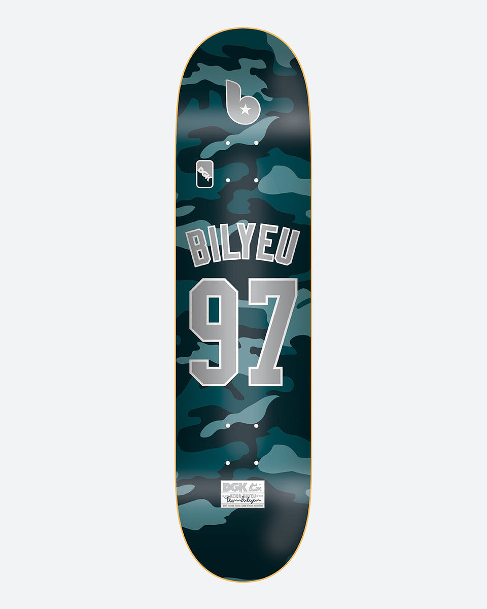 DGK Major League 3 Bilyeu skateboard deck: Teal and black camouflage pattern with a sports jersey style Bilyeu name and large number 97 in silver, a small b star logo at the top and a DGK label near the tail.
