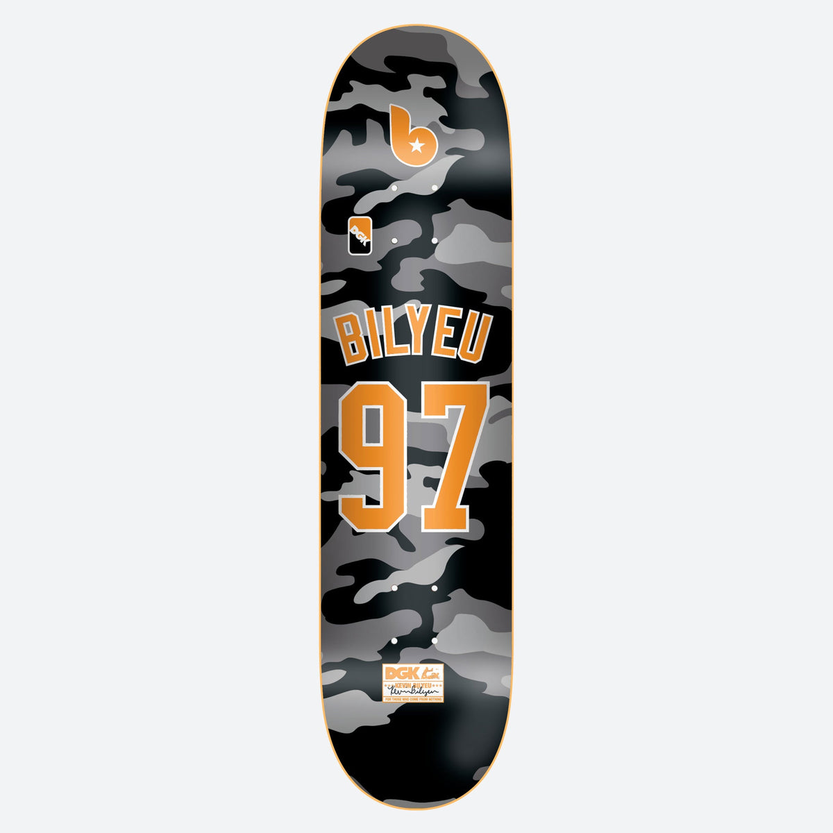 DGK Major League Orange Bilyeu skateboard deck: Black and grey camouflage deck with a baseball-jersey style orange 'BILYEU 97' and a small orange B emblem with a star at the top. DGK label and signature at the bottom.
