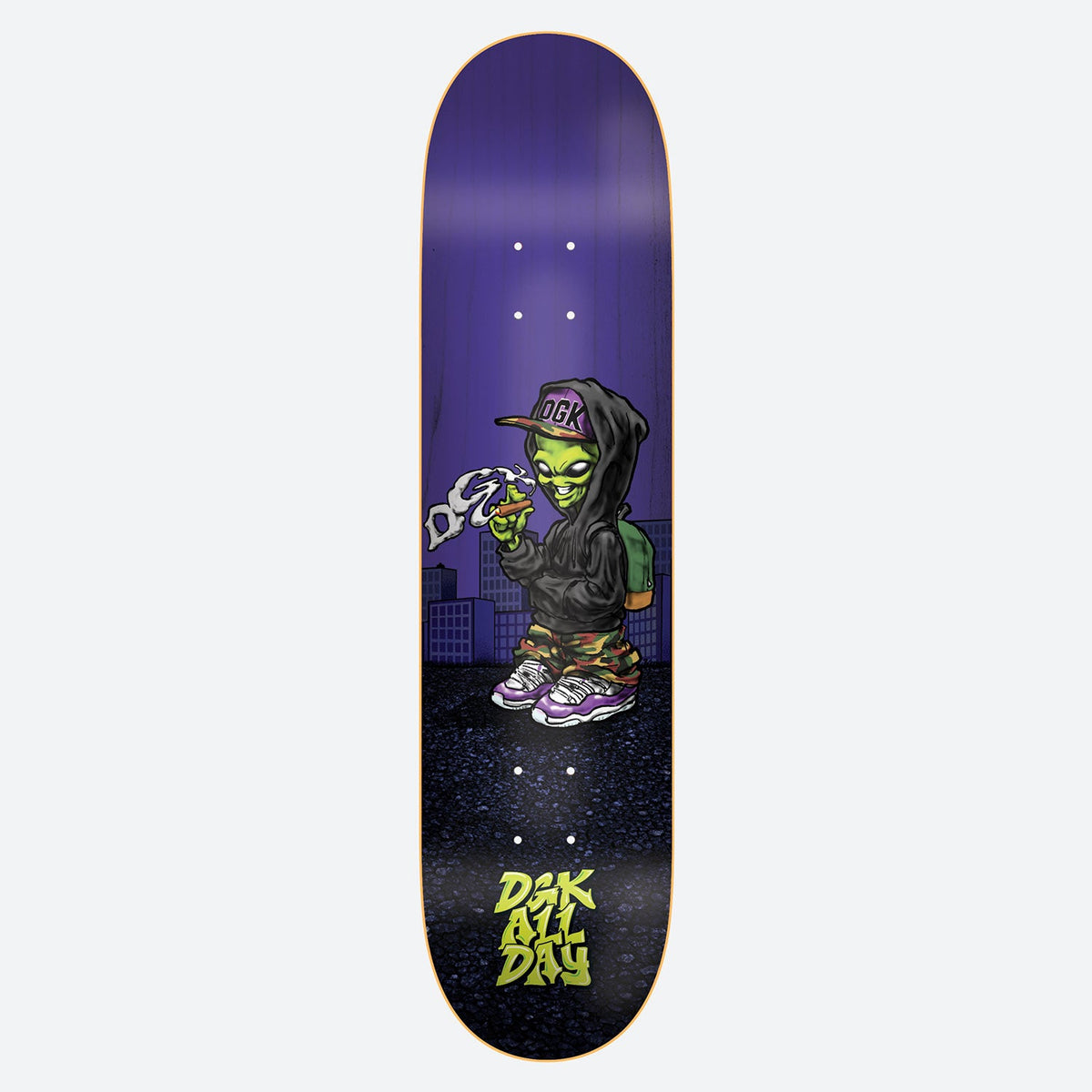 DGK Martian 8.25 skateboard deck: Cartoon green alien in a black hoodie, DGK cap and camouflage trousers, smoking and exhaling smoke shaped like a DGK logo, standing before city buildings on a purple deck. DGK All Day logo at the bottom.