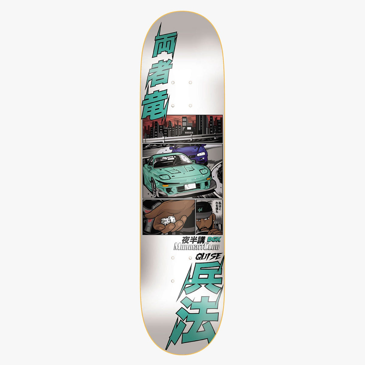 DGK Midnight Club Quise 8.25 skateboard deck: White deck with a manga-style comic strip of a teal sports car racing through a city at night, with a purple car behind, and a panel of a hand rolling dice beside a man's face. Large teal Japanese characters run top and bottom.