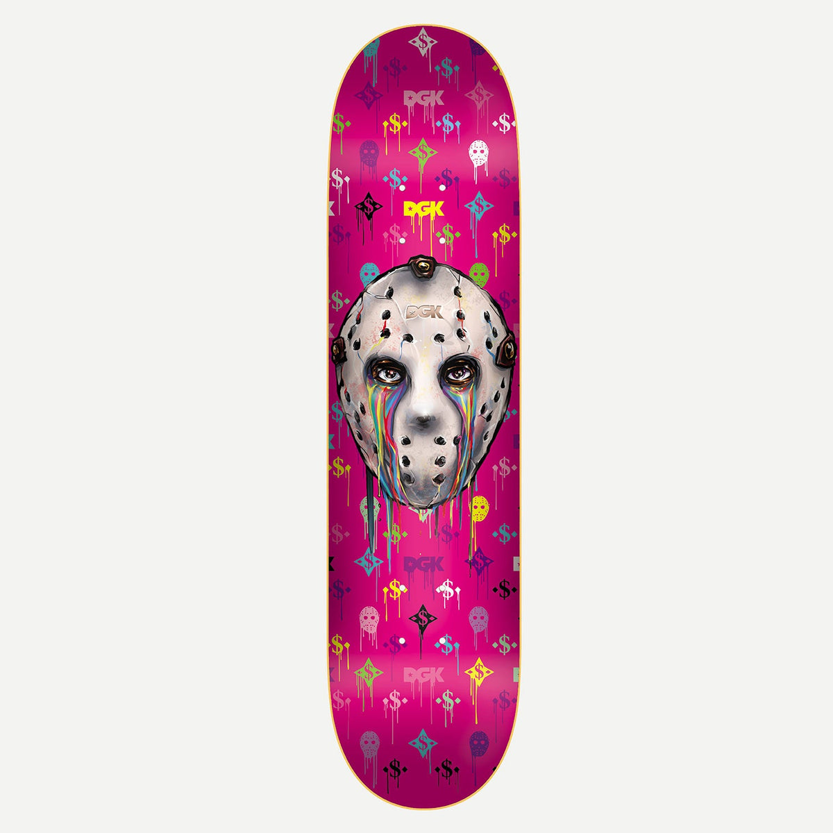 DGK Monogram 8.06 skateboard deck: Painted hockey-style mask with rainbow tears running from its eyes, centred on a hot pink deck patterned with small dripping DGK dollar-sign monograms and mask icons.