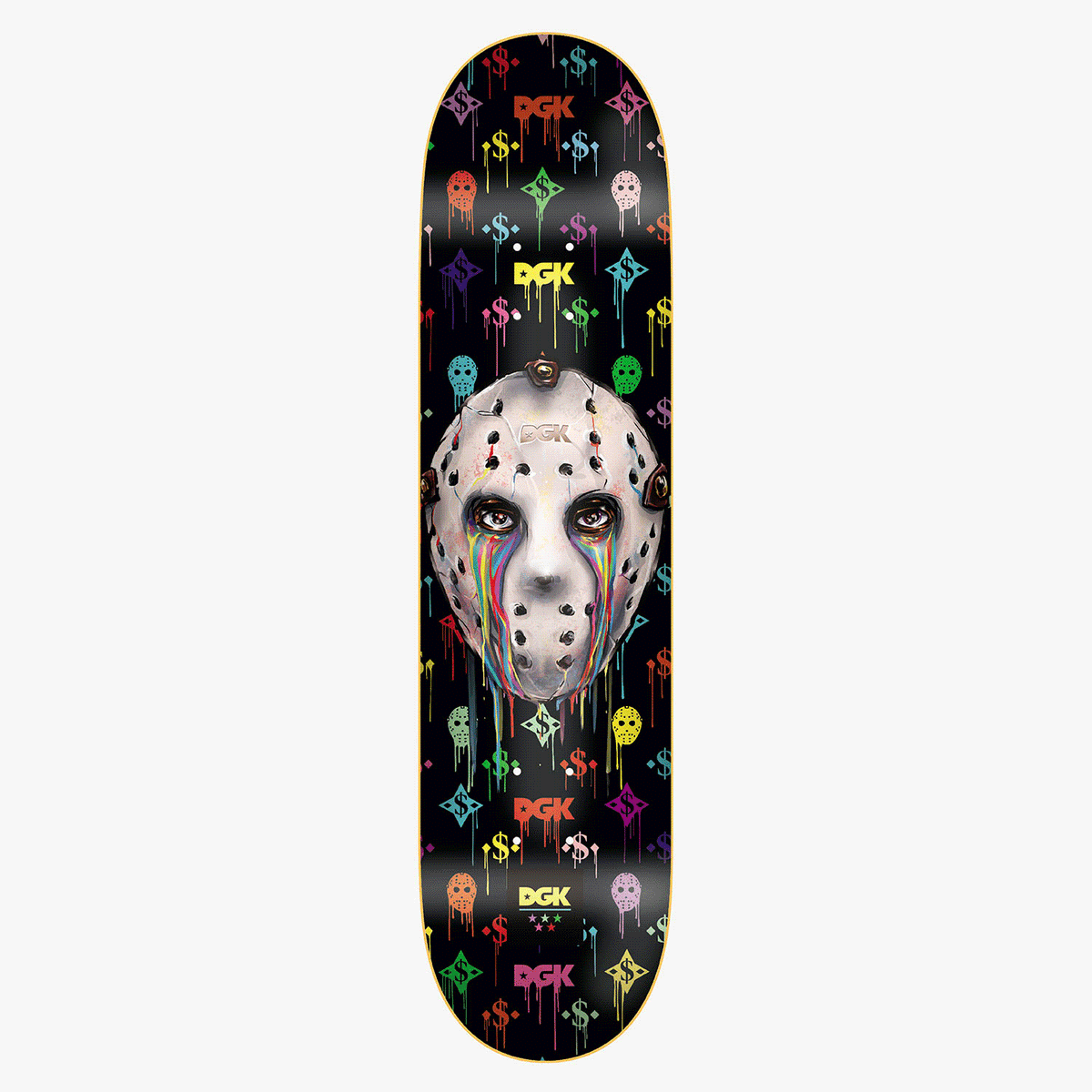 DGK Monogram Lenticular skateboard deck: Pale hockey-mask face with rainbow tears running down it, on a black deck covered with a repeating pattern of dollar signs, diamonds, small masks and dripping paint in bright colours, plus DGK logos.