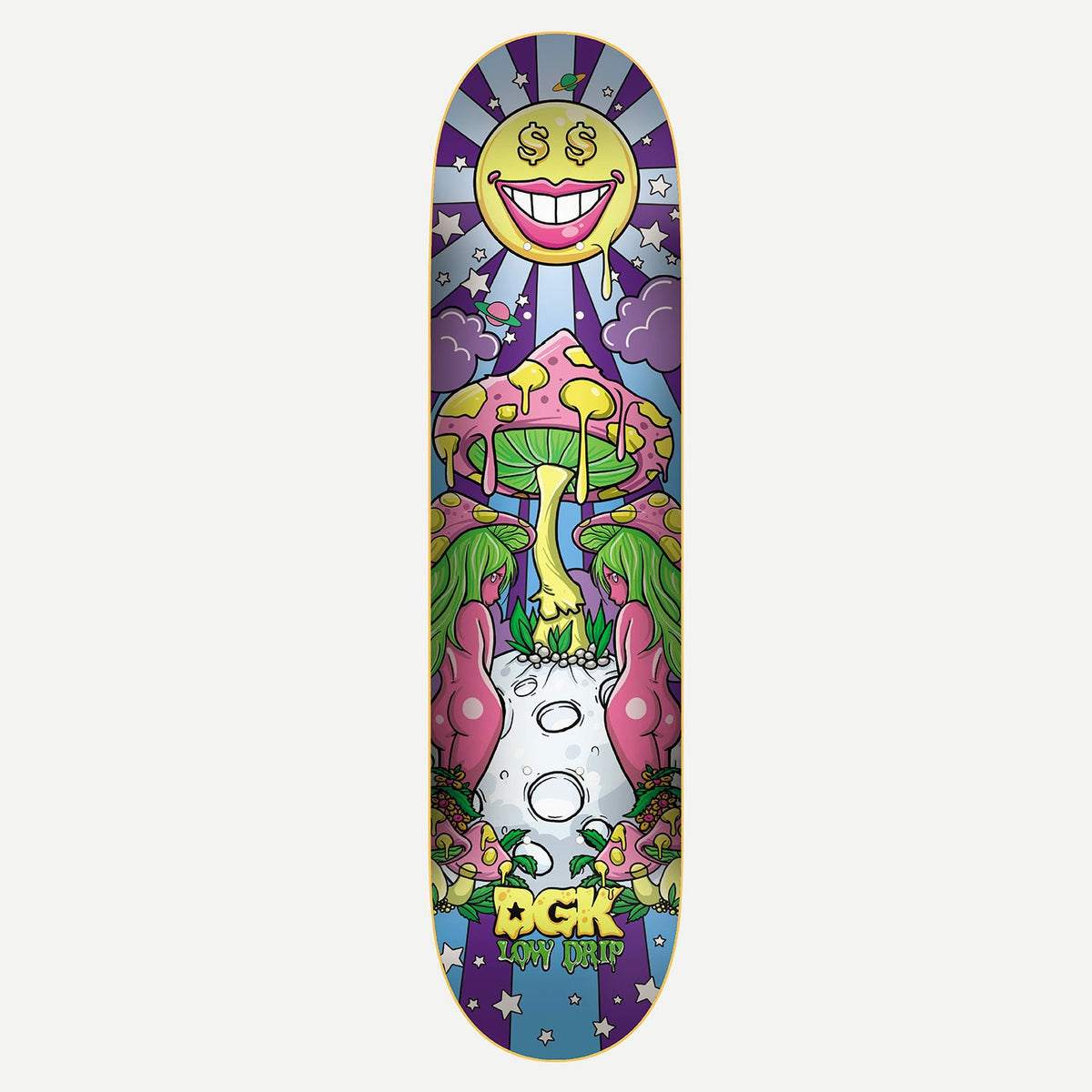 DGK Moonshine 8.5 skateboard deck: Psychedelic scene of a dollar-eyed smiling sun over a dripping pink mushroom growing from a cratered moon, flanked by two green-haired mermaid-like figures, with stars and clouds on purple sunburst rays. DGK Low Drip logo at the bottom.