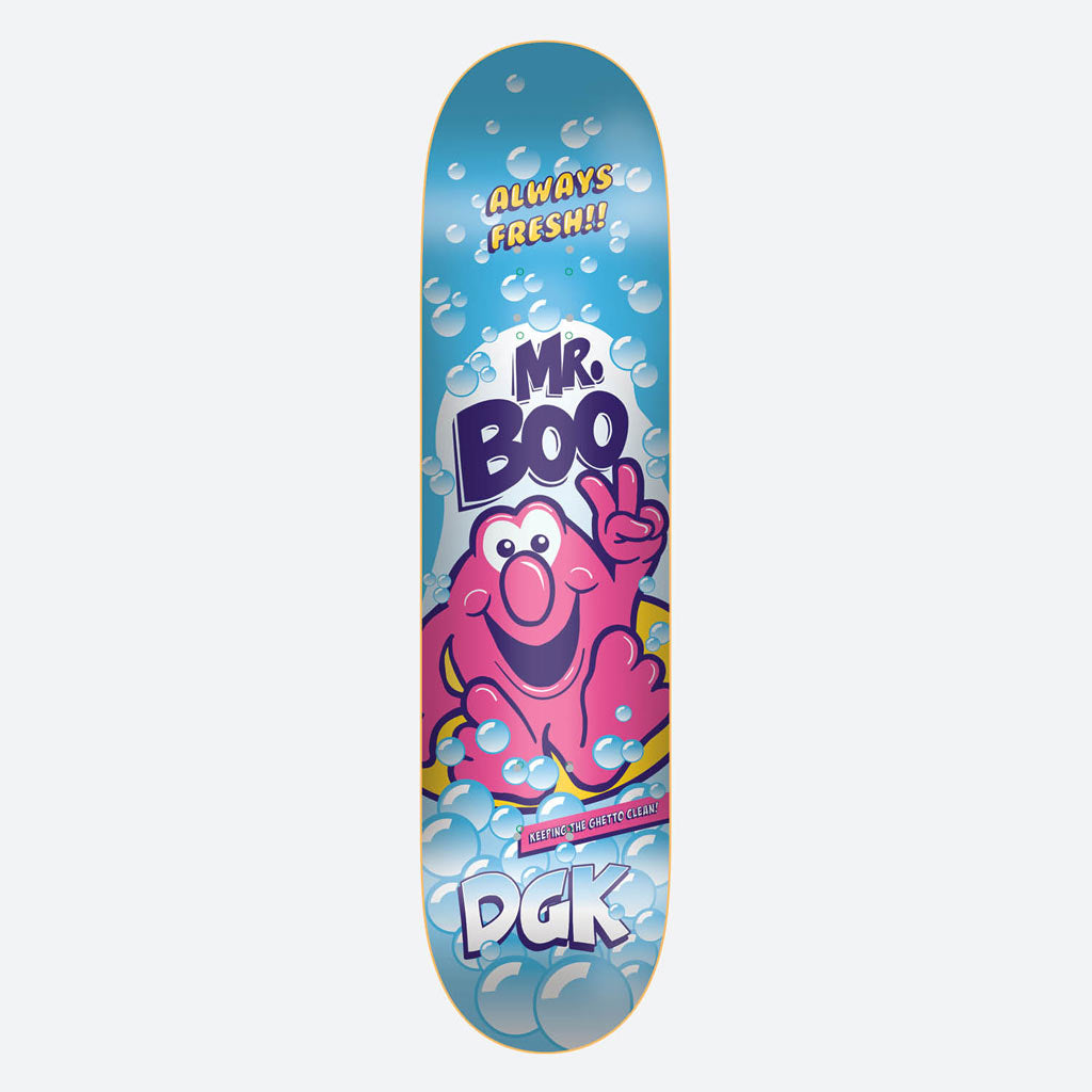 DGK Mr Boo 8.06 skateboard deck: Smiling pink blob mascot making a peace sign among soap bubbles on a light blue deck, in the style of a cleaning-product advert, with the DGK logo in bubbles at the bottom.