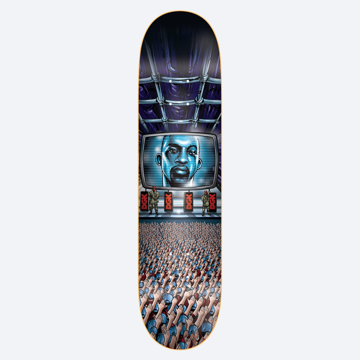 DGK New World Order Stevie 8.25 skateboard deck: Dystopian scene of a huge screen showing a man's blue-tinted face above DGK banners and two guards, overlooking a crowd of people with raised arms. Industrial pipes cover the ceiling.