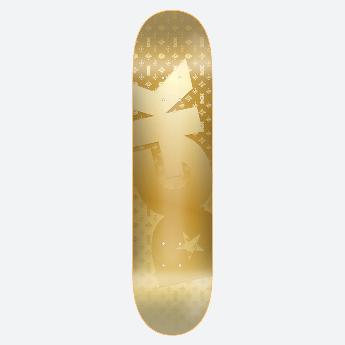 DGK O.G. Logo Foil 8.25 skateboard deck: Large DGK logo in shiny gold foil over a gold repeating monogram pattern of small DGK symbols and a star, giving a luxury-brand effect.