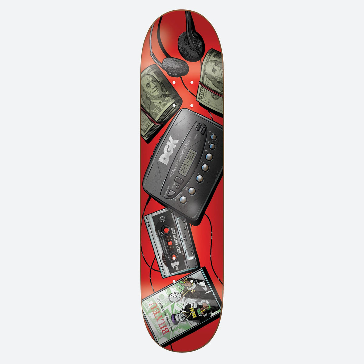 DGK On Repeat Bilyeu 8.25 skateboard deck: Red deck with an illustration of a personal cassette player marked DGK, with headphones, rolled dollar bills, a cassette tape and a Bilyeu-labelled tape cover with a skull-masked figure.
