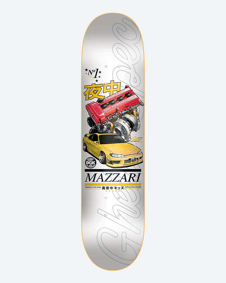 DGK Only Option Yellow Mazzari 8.38 skateboard deck: Illustration of a red turbocharged engine above a yellow sports car, with Japanese characters and 'No 1' stars, on a white background with large outlined script lettering. 'Mazzari' printed below.