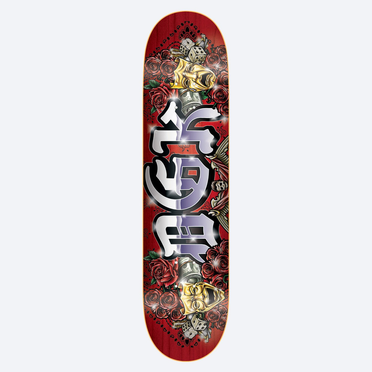 DGK Our Life 8.5 skateboard deck: Chrome blackletter DGK lettering with sparkles, surrounded by red roses, gold comedy and tragedy masks, dice and rolled banknotes on a red deck.