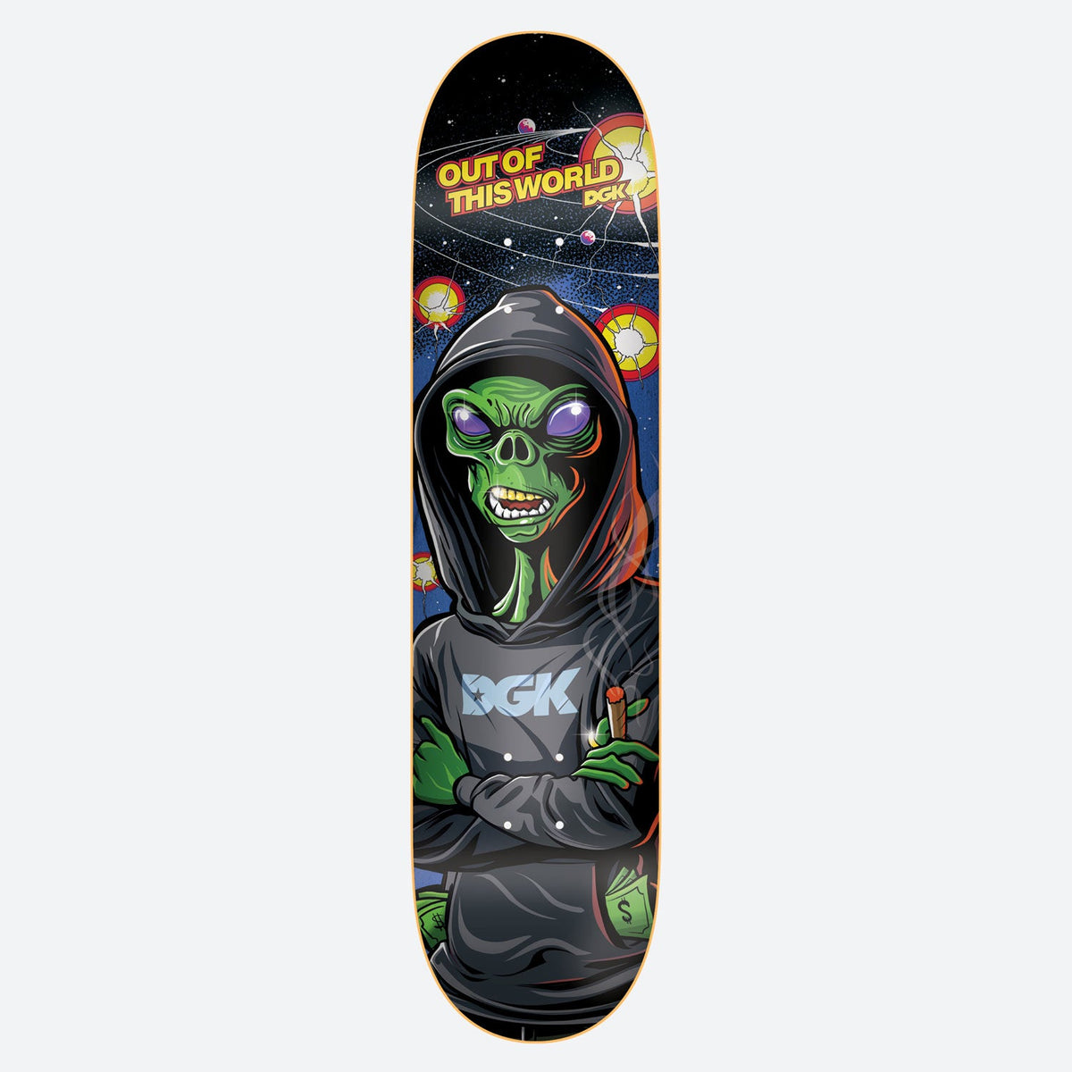 DGK Out of this World skateboard deck: Hooded green alien with purple eyes and folded arms, holding a cigar and cash, wears a DGK hoodie in front of a starry space scene with exploding planets and orbit lines.