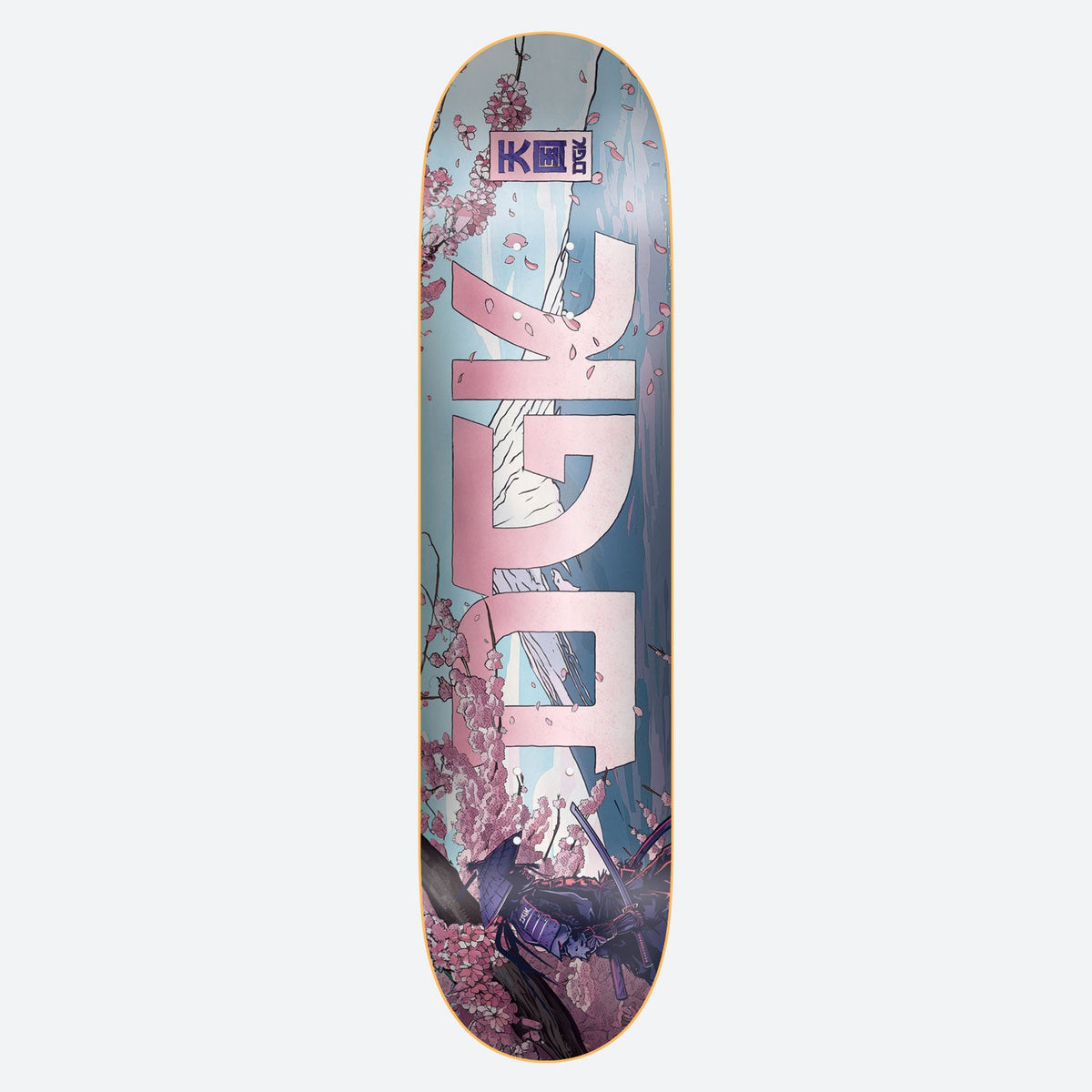 DGK Overlord skateboard deck: Large pink DGK letters in Japanese-inspired styling over a cherry blossom scene with a misty mountain and a samurai in armour at the bottom. A small kanji and DGK label sits at the top.