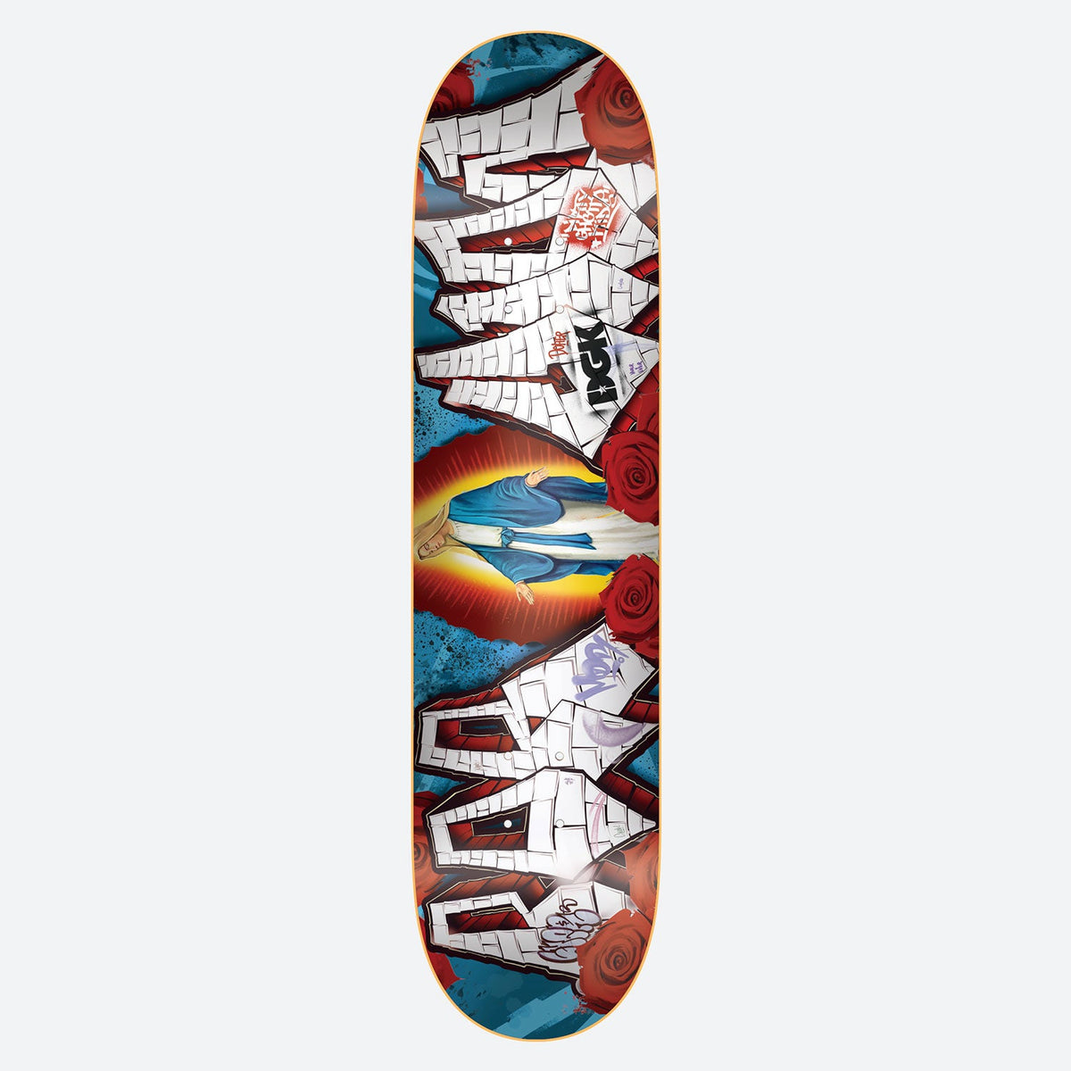 DGK Por Vida 8.25 skateboard deck: Graffiti-style white brick lettering with a DGK tag, over a glowing figure in a blue robe with red roses and a blue-red background, in the manner of a religious mural.