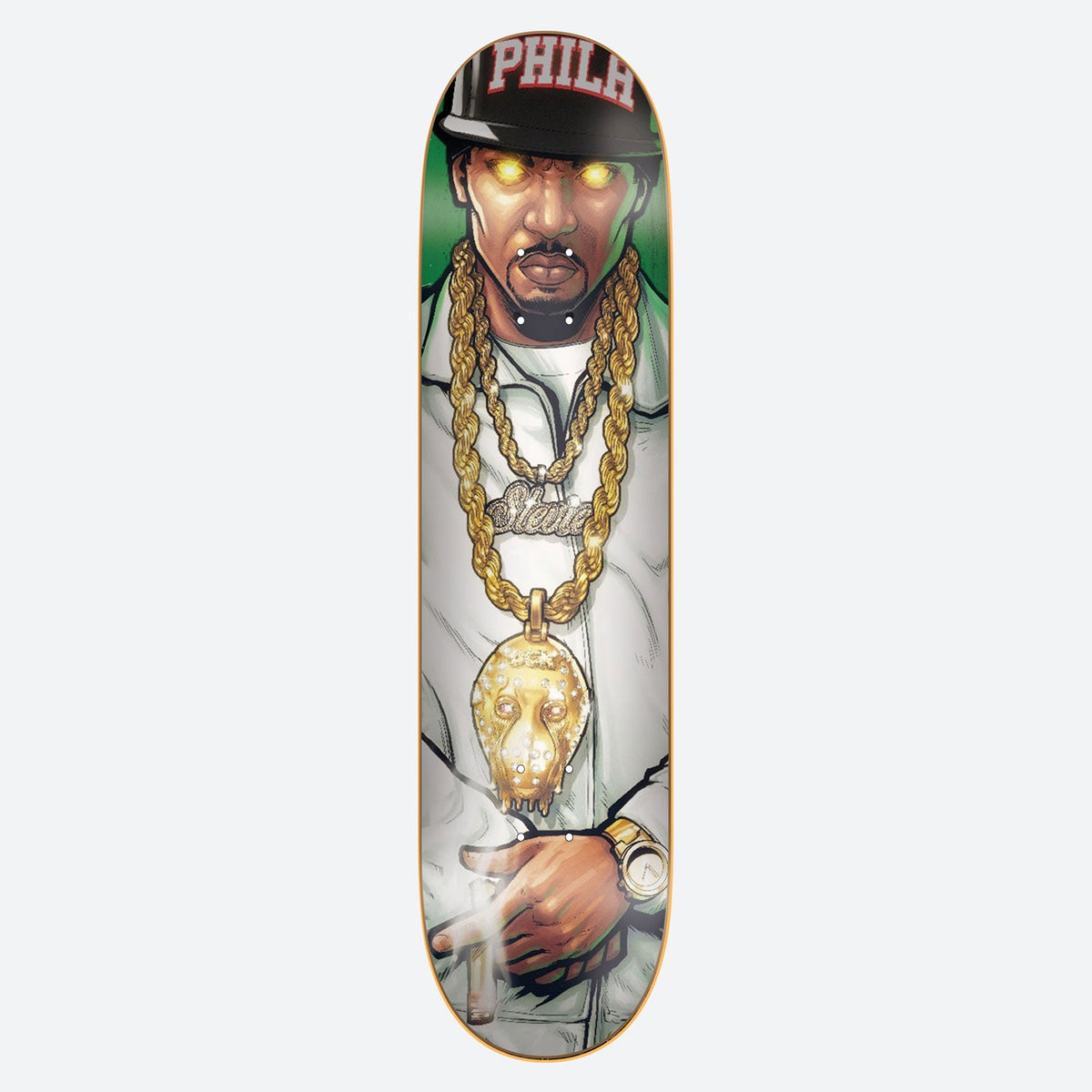 DGK Possesed Williams 8.1 skateboard deck: Comic-style portrait of a man in a PHILA cap with glowing yellow eyes, layered gold chains and a large gold dripping pendant, holding a cigar. White jacket on a green backdrop.