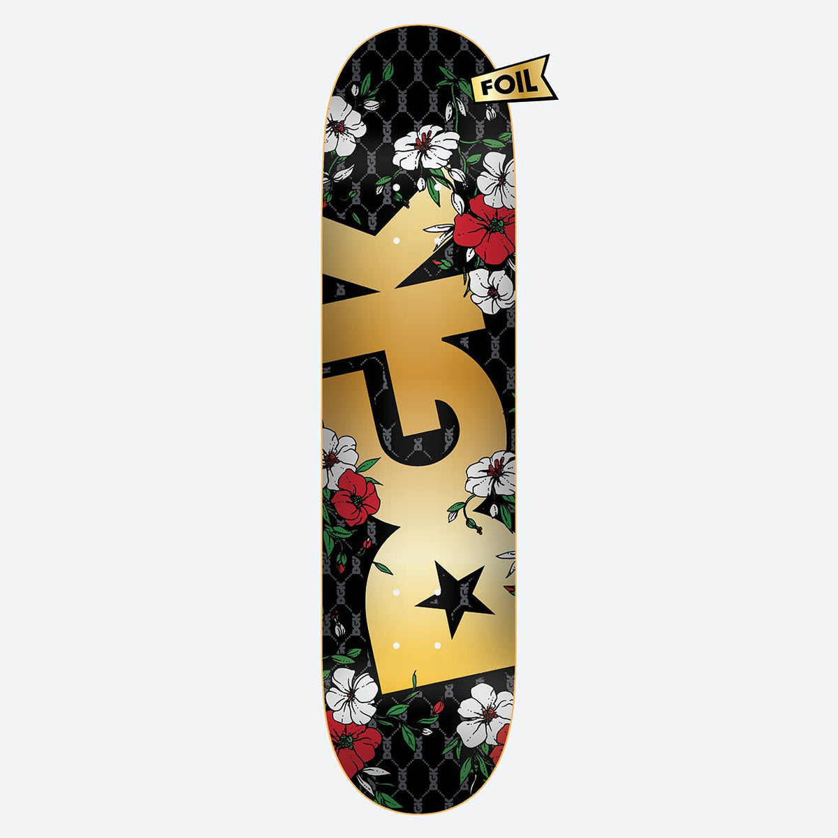 DGK Premium Foil 8.06 skateboard deck: Large gold foil DGK letters over a black chain-link monogram pattern, with red and white flowers with green leaves climbing around them and a black star. A small gold 'Foil' tag sits at the top.