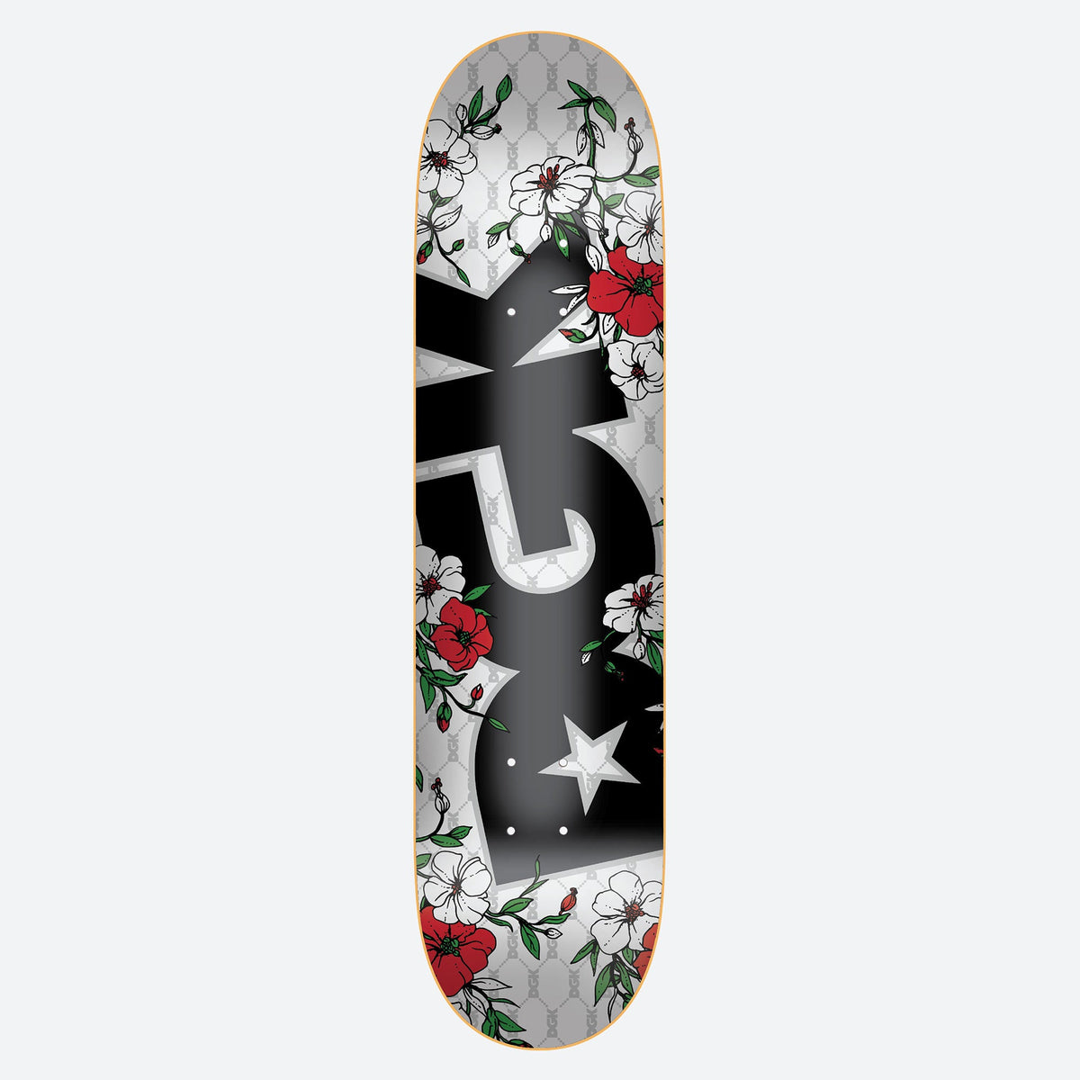 DGK Premium White 8.5 skateboard deck: Large black DGK logo with a star, surrounded by white and red blossoms with green leaves, on a silver monogram-patterned background.