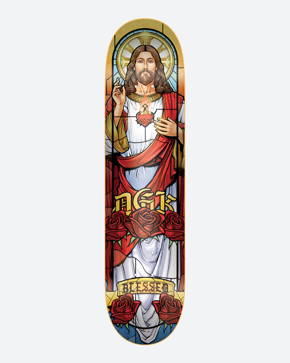 DGK Prince of Peace 8.1 skateboard deck: Stained-glass style portrait of Jesus with a halo and sacred heart, in white and red robes, framed by red roses with a gold DGK logo and 'Blessed' banner at the bottom.