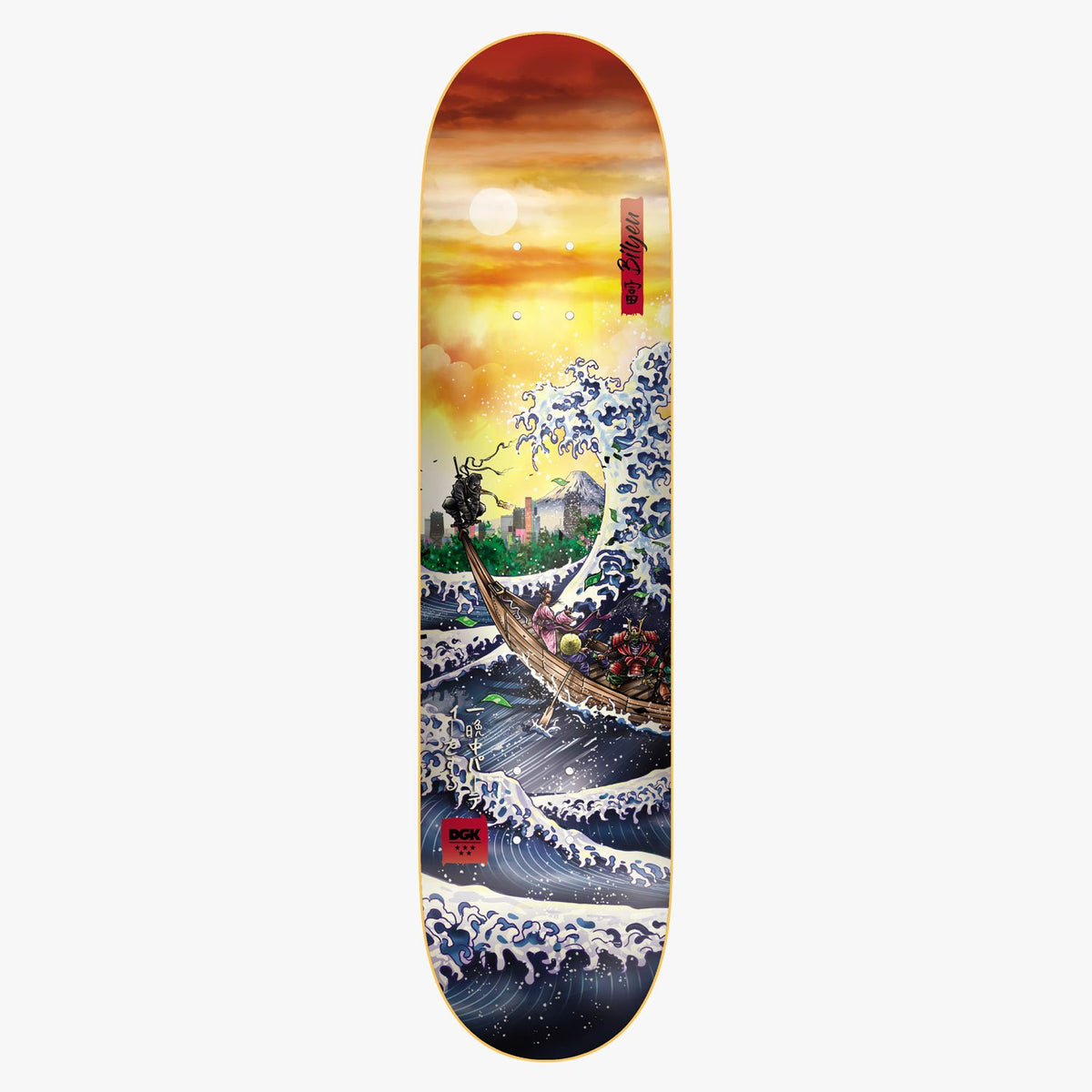 DGK Prosperity Bilyeu 8.1 skateboard deck: A Great Wave style scene with white-capped waves, a boat carrying armoured warriors and a distant mountain and city, under a glowing orange sunset. A red name tag and DGK logo sit on the deck.