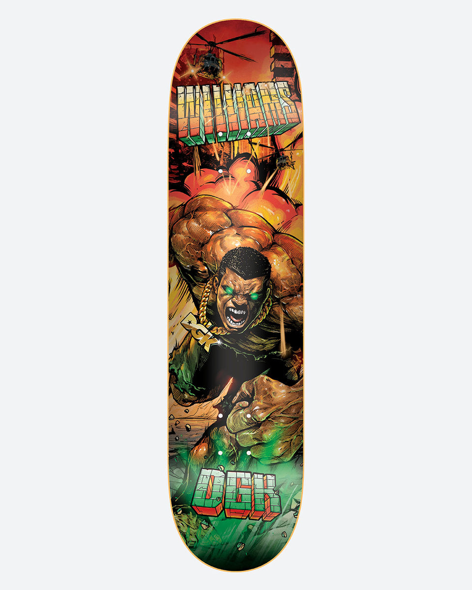 DGK Rage Stevie skateboard deck: A comic-book-style muscular green-eyed figure in a gold chain roaring and smashing through an explosion with helicopters above, with Williams in block letters at the top and DGK at the bottom.
