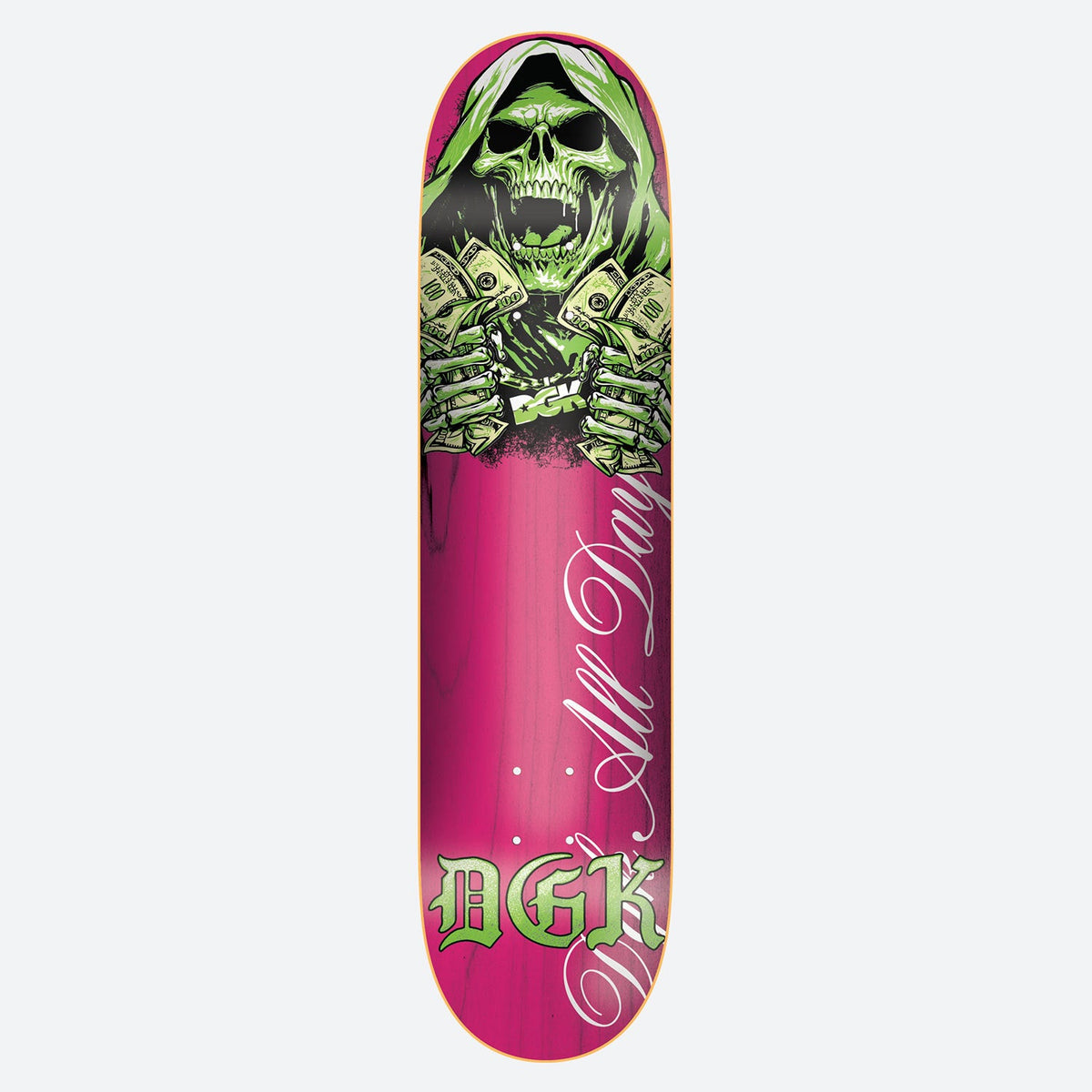 DGK Reap 8.5 skateboard deck: Hooded green skeletal reaper clutching fistfuls of hundred-dollar bills, with a DGK logo between its hands, on a pink deck. White script text runs up the side and DGK appears in green gothic lettering at the tail.