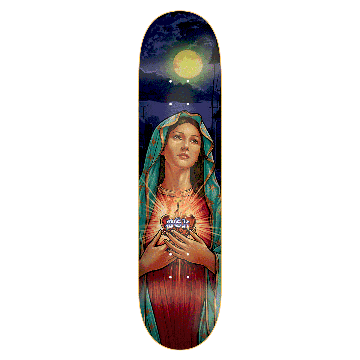DGK Save Us Lenticular skateboard deck: Realistic painted Virgin Mary figure in a teal veil and red robe clasps a glowing sacred heart with a DGK logo, under a full moon and night sky above a skyline.