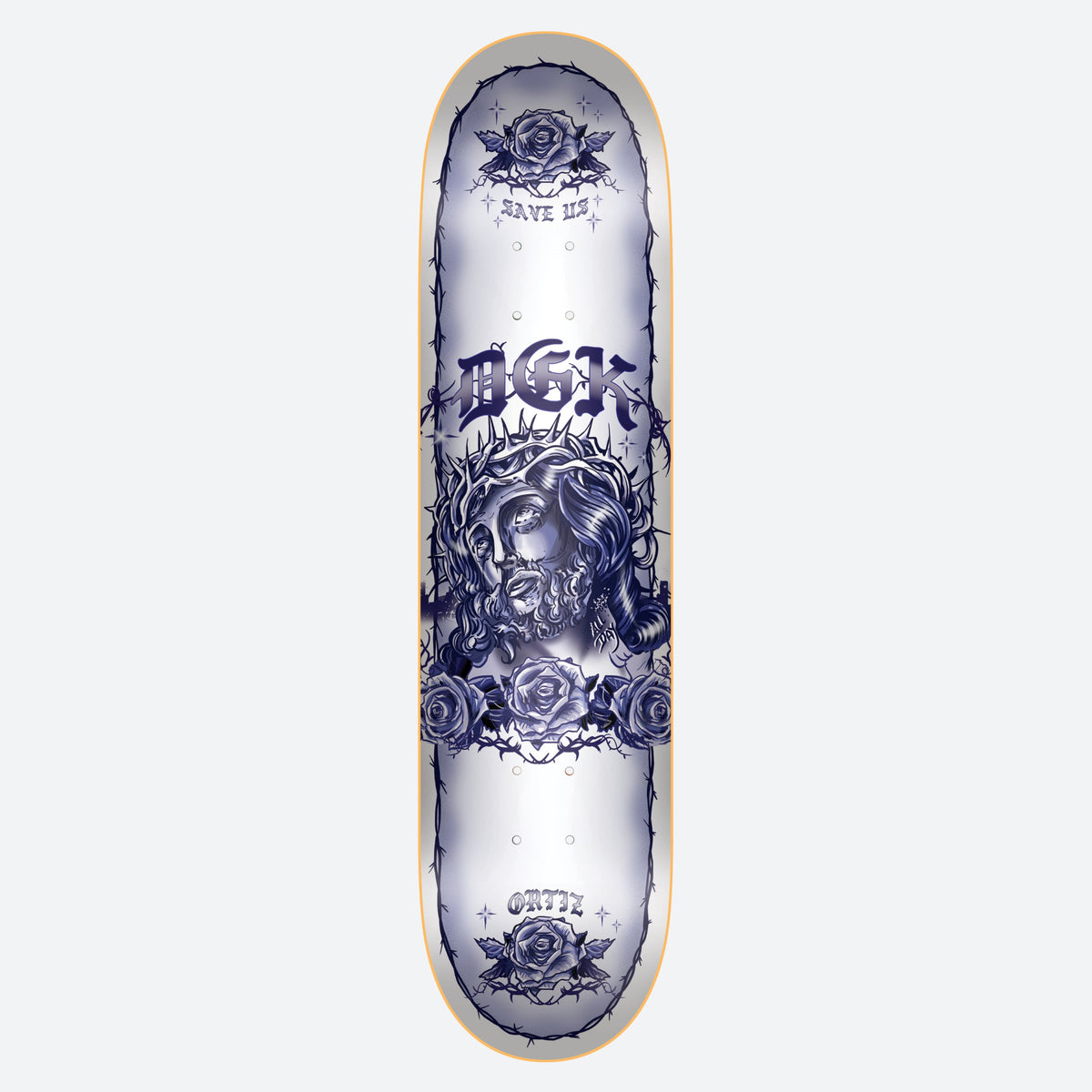 DGK Save Us Ortiz 8.5 skateboard deck: Blue-toned tattoo-style illustration of a thorn-crowned figure's face with roses and barbed wire, under blackletter DGK lettering. Save Us at the top, Ortiz at the bottom, on a white deck.