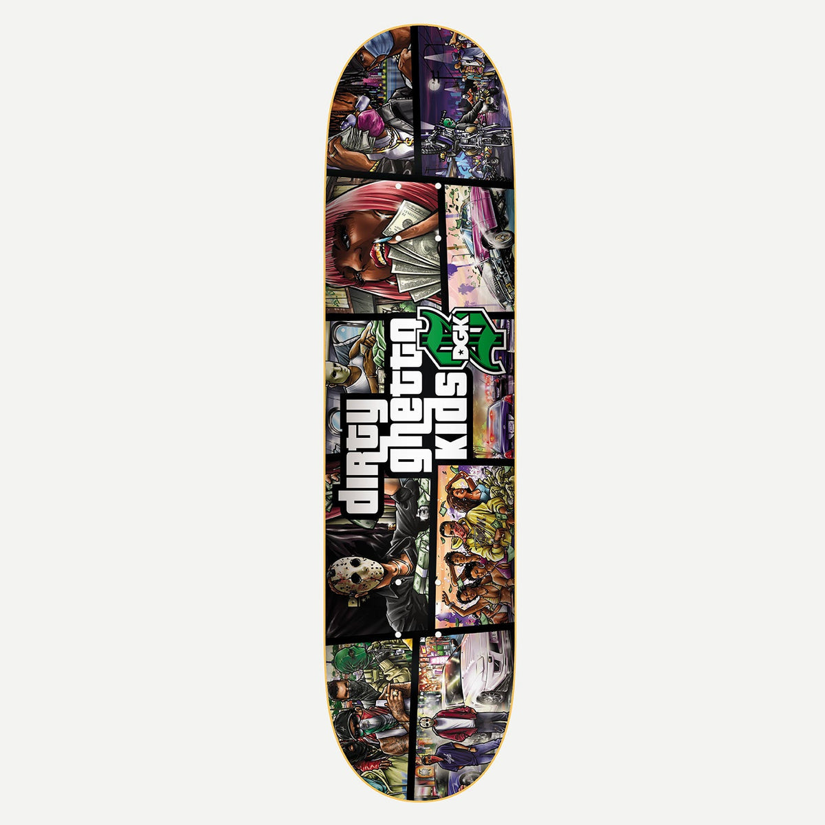 DGK Scrapbook 8.25 skateboard deck: A comic-panel collage in the style of a video game cover, with illustrated street scenes including a woman holding cash, a masked figure, cars and crowds. The Dirty Ghetto Kids logo sits at the centre.