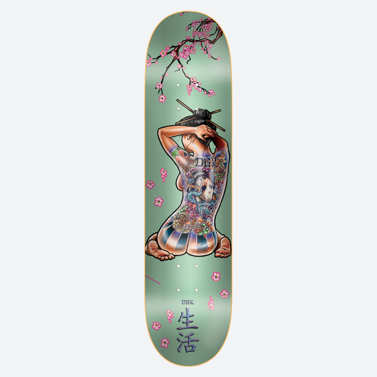 DGK Serenity Foil 8.25 skateboard deck: Seated woman seen from behind with a full-back Japanese tattoo of a geisha, chopsticks in her hair, beneath cherry blossom branches on a metallic mint green deck. Japanese characters at the bottom.