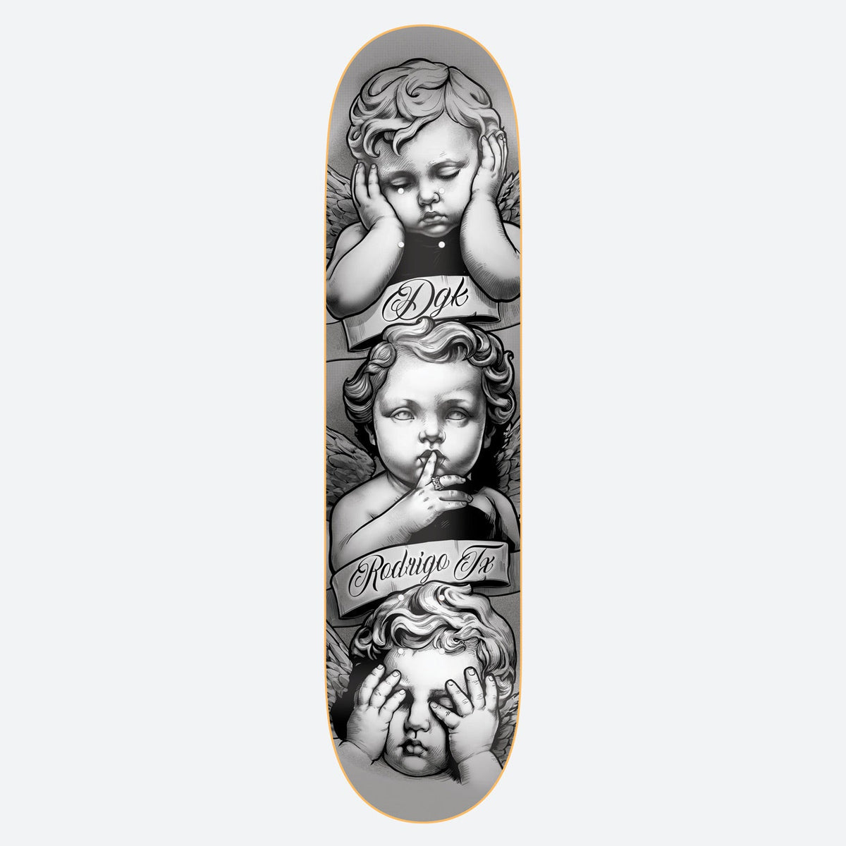 DGK Shhh TX 8.1 skateboard deck: Three grey monochrome cherubs stacked vertically, one asleep with hands to its cheek, one with a finger to its lips, one covering its eyes. Script banners across them read DGK and Rodrigo TX.