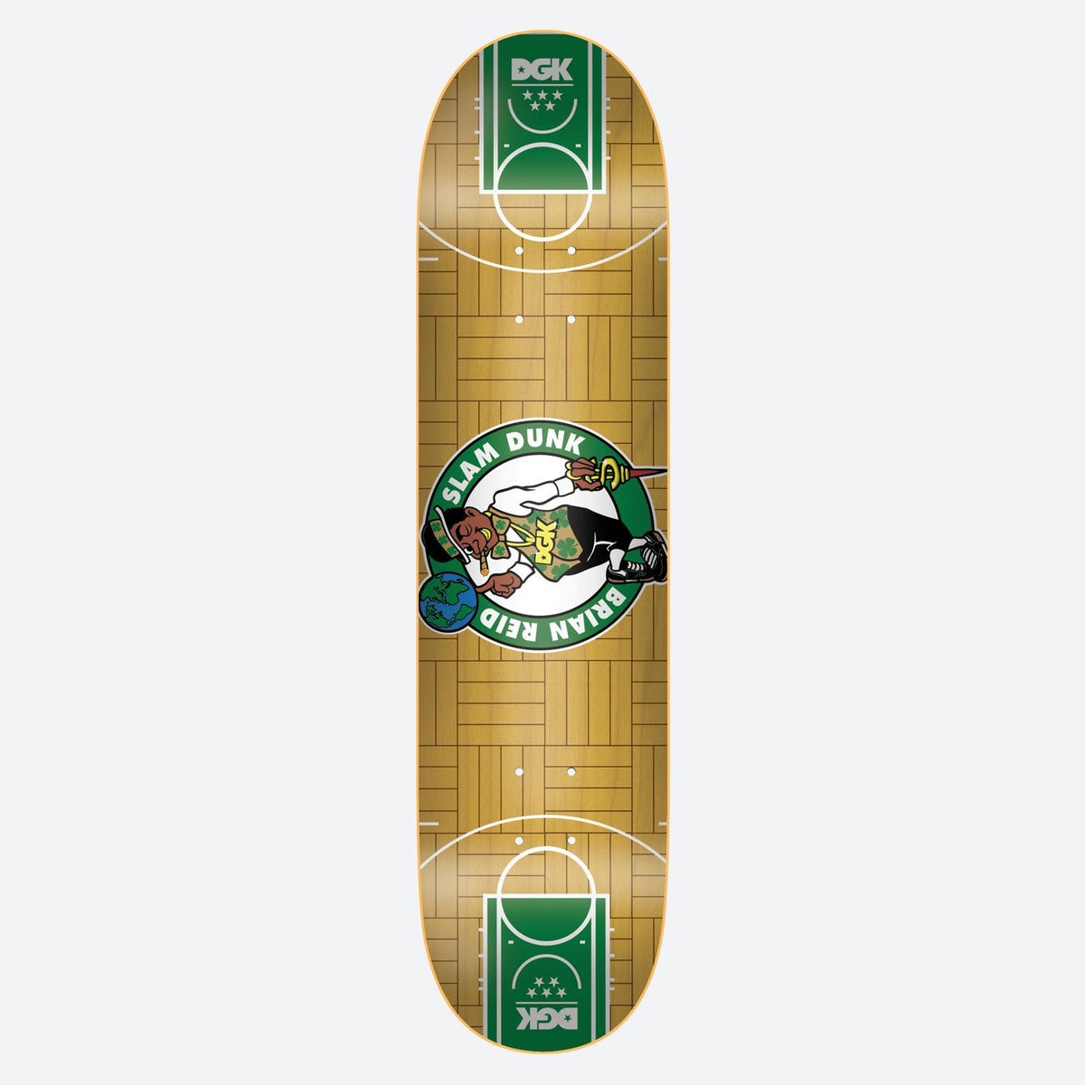 DGK Slam Dunk Reid skateboard deck: A basketball court layout in parquet wood with green key areas and DGK logos at each end, with a central green roundel featuring a cartoon leprechaun-style mascot spinning a globe, ringed with 'Slam Dunk' and 'Brian Reid'.