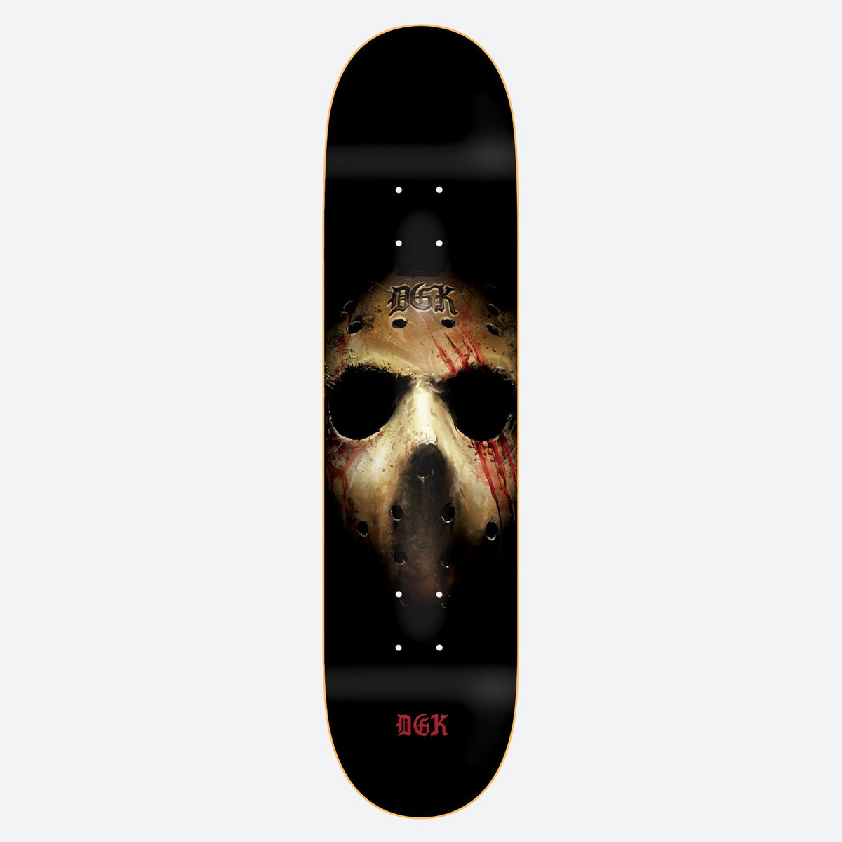 DGK Slasher skateboard deck: A close-up of a weathered, blood-streaked hockey mask with the DGK name on its forehead, emerging from a black background. A small red DGK logo sits at the tail.