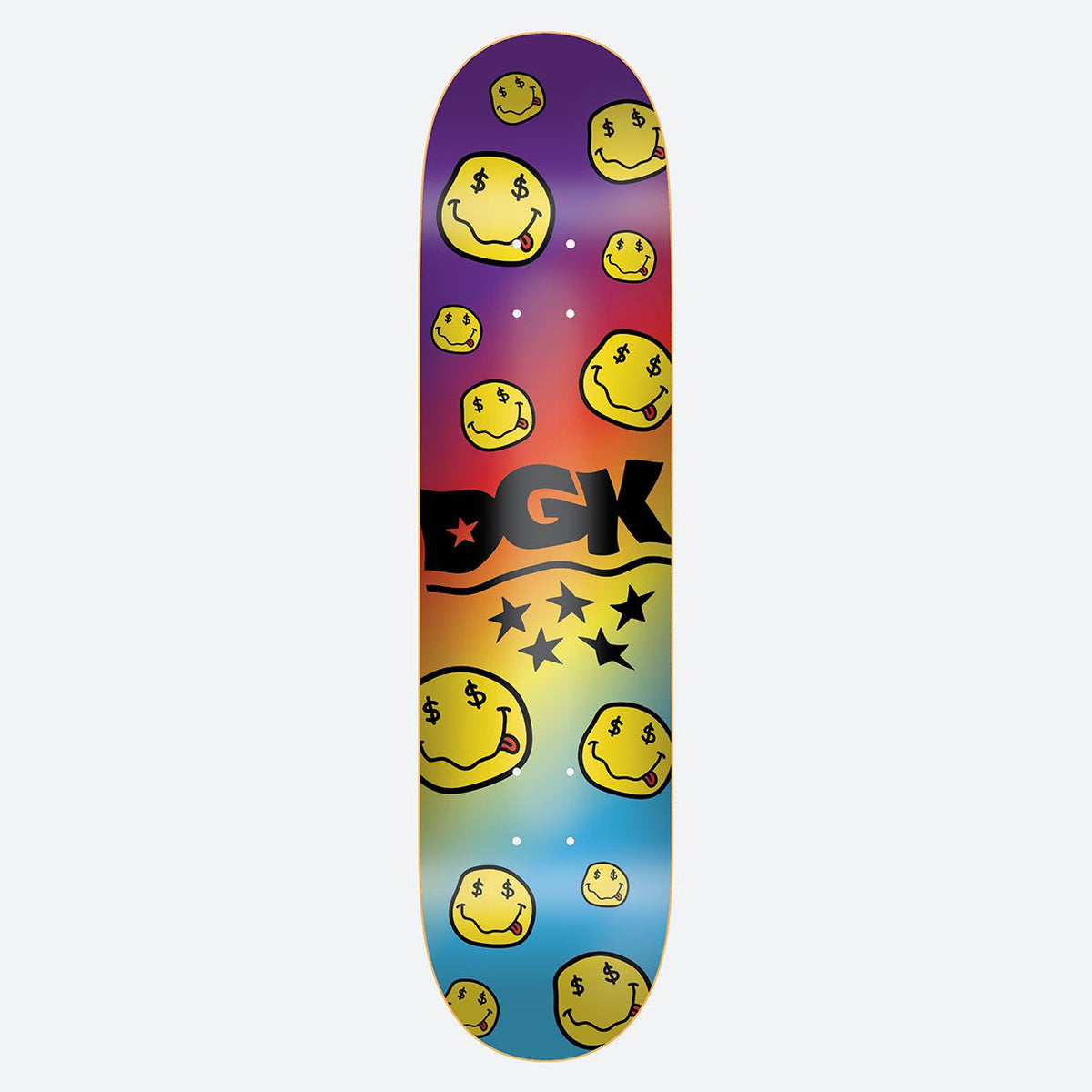 DGK Smiley Rainbow 8.06 skateboard deck: Yellow smiley faces with dollar signs for eyes and tongues sticking out are scattered over a purple, red, orange and blue gradient, around a black DGK logo with a row of stars.