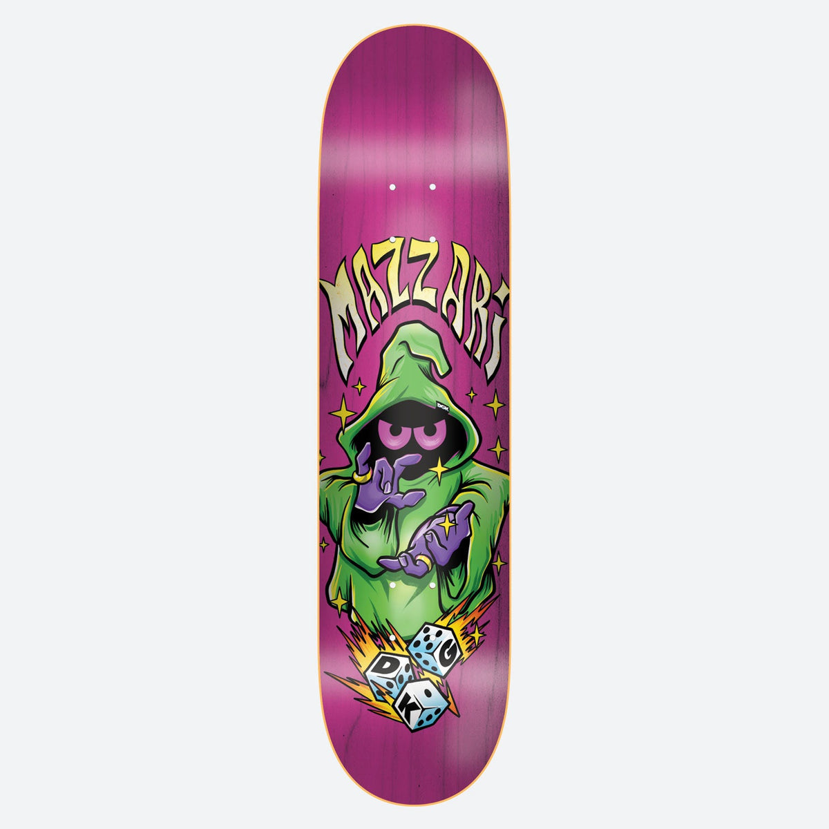 DGK Sorcery Mazzari 8.38 skateboard deck: A cartoon hooded sorcerer in a green robe with glowing pink eyes and purple hands casts a spell over a trio of dice marked 'DGK', beneath chrome 'Mazzari' lettering, with yellow sparkles on a magenta-stained board.