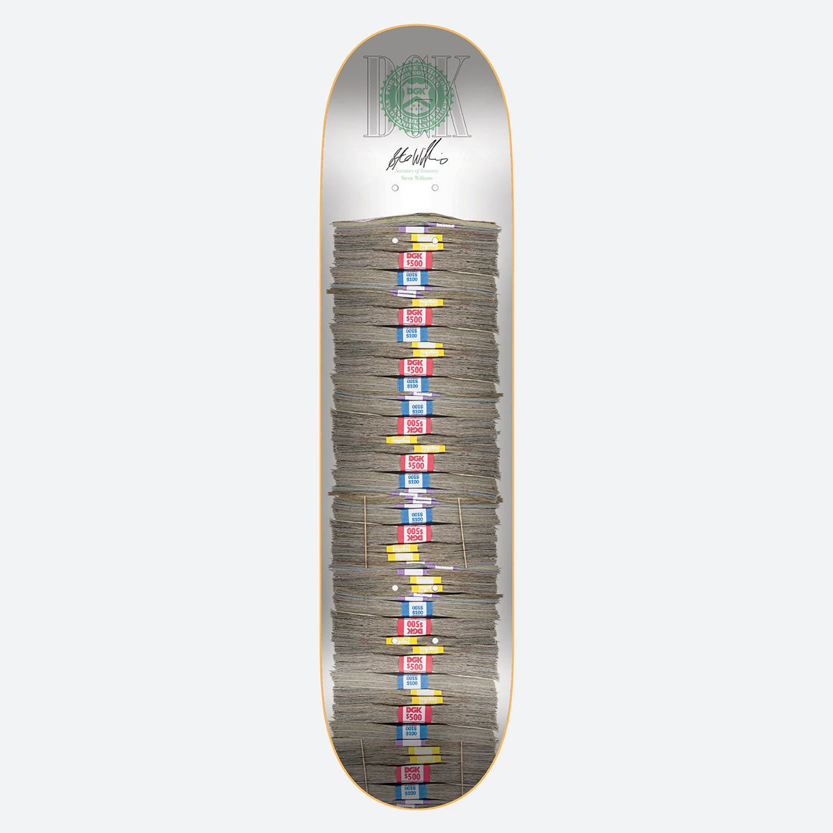 DGK Stacked Up Stevie 8.38 skateboard deck: A photographic tall stack of banknote bundles runs down the middle of a silver-white deck, each bundle wrapped in a coloured band printed DGK $500. A green DGK seal and a signature sit near the nose.