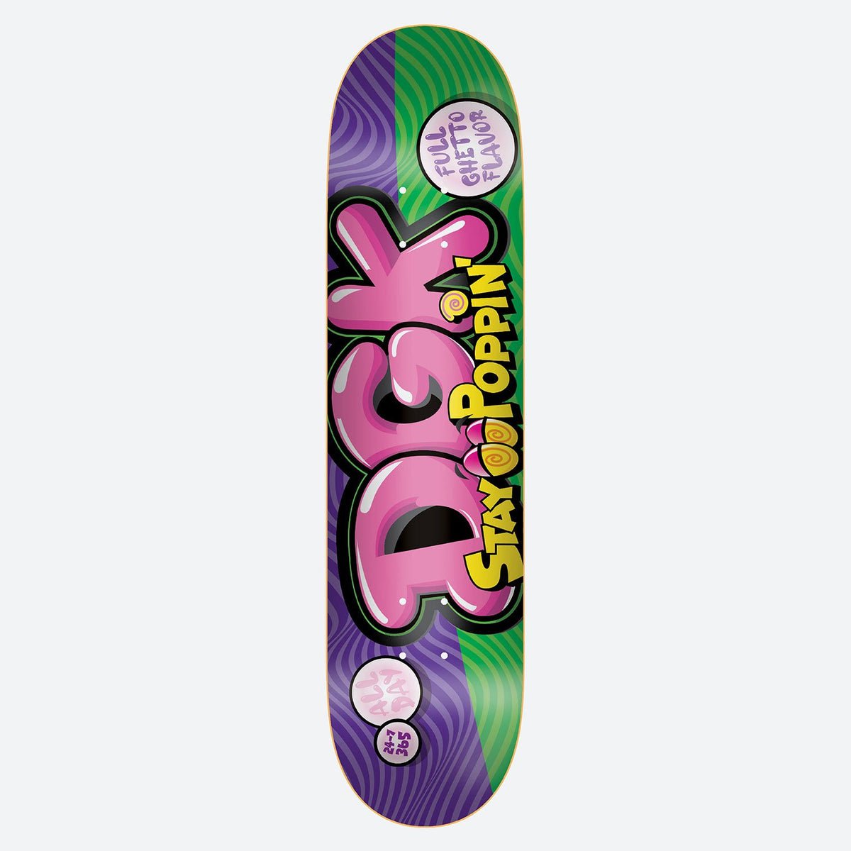 DGK Stay Poppin skateboard deck: Bubblegum-style pink lettering spelling DGK with yellow STAY POPPIN' text, on a purple and green split background with swirling hypnotic patterns. Two small pink bubble badges read Full Ghetto Flavor and All Day 24-7 365.