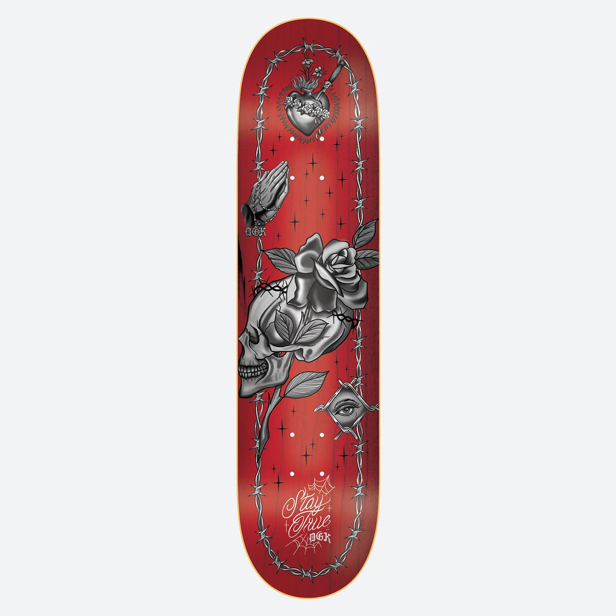 DGK Stay True 8.5 skateboard deck: Grey tattoo-style imagery on a red deck: a skull with a rose growing from it, a sacred heart, praying hands and an eye, all enclosed by a barbed wire border.