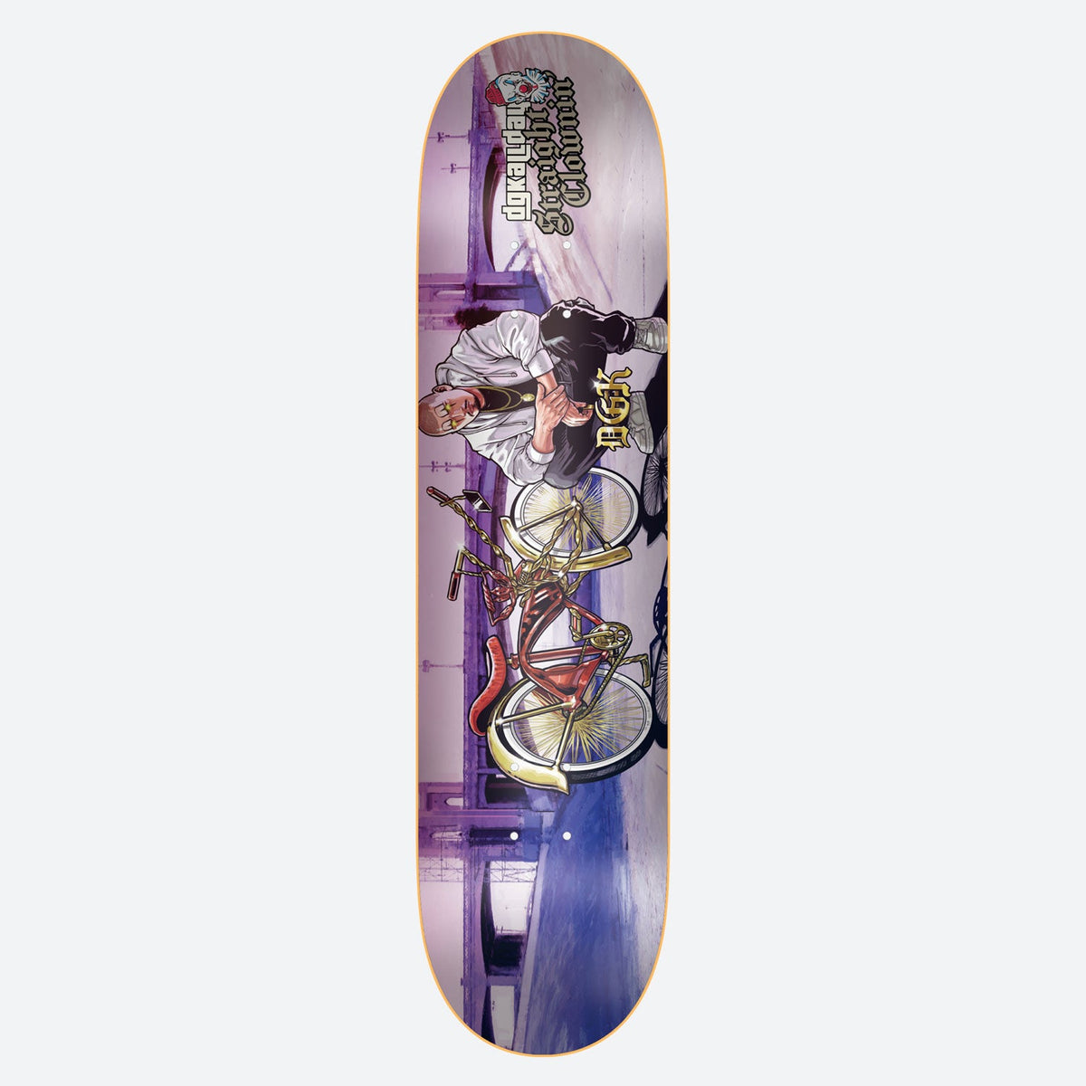 DGK Straight Clownin 8.38 skateboard deck: Illustrated man with a clown-style face crouching beside a gold-and-red lowrider bicycle under a purple bridge. DGK logo and blackletter 'Straight Clownin' text at the top.