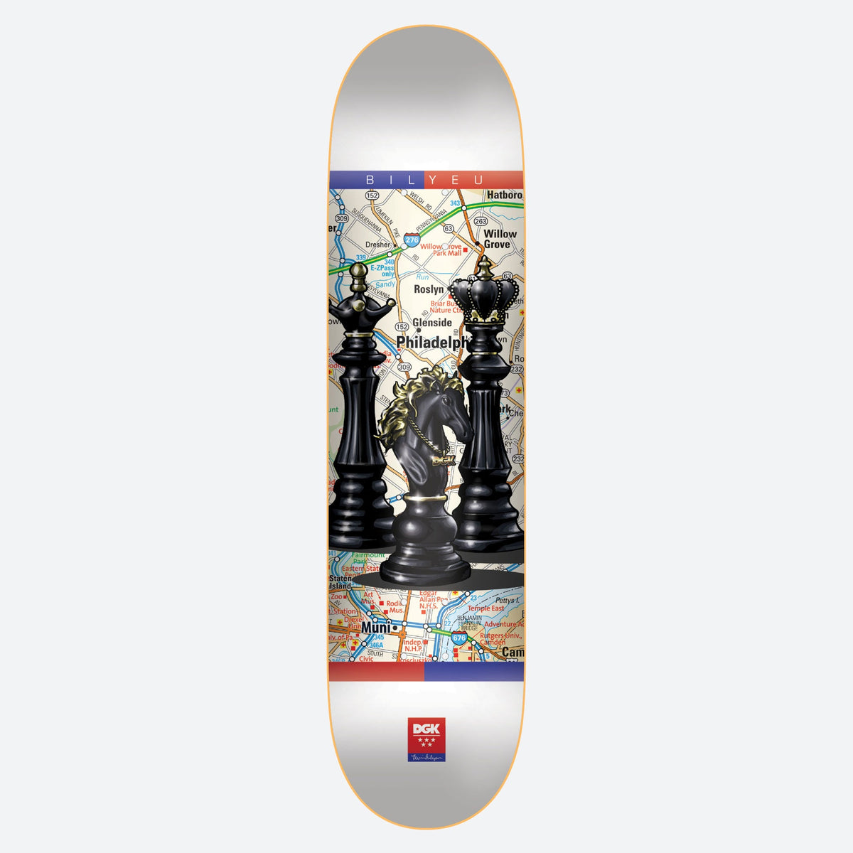 DGK Strategies Bilyeu 8.0 skateboard deck: Three black chess pieces, a king, queen and gold-bridled knight, stand over a road map of Philadelphia and surrounding areas, with blue and red bars across the top and bottom of the white deck.