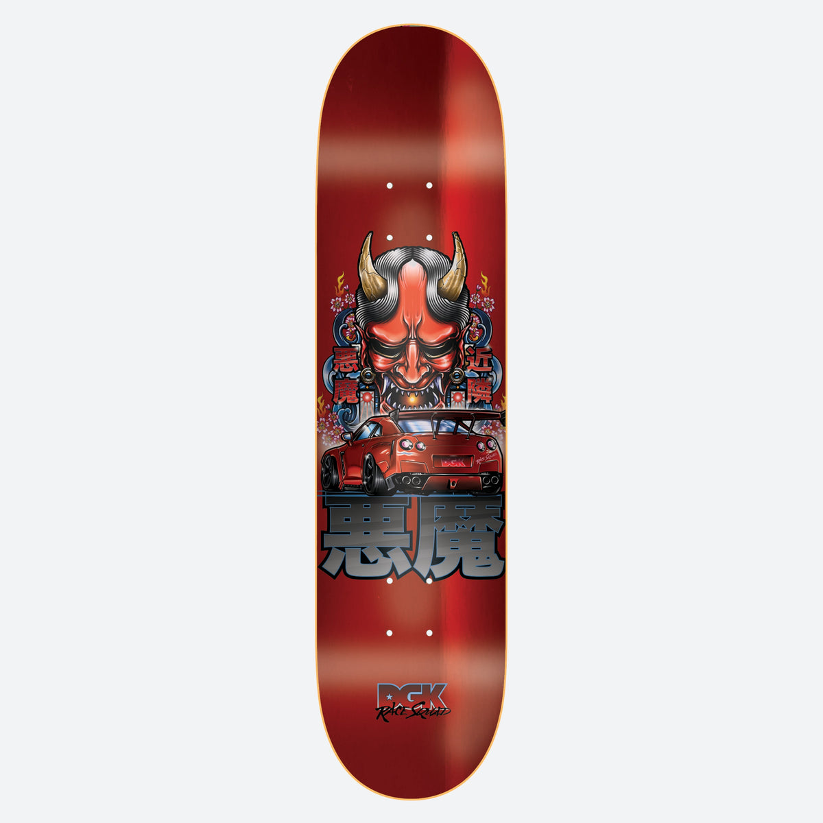 DGK Street Demon Foil 8.25 skateboard deck: Red foil deck showing a horned red oni demon mask above a red sports car with a rear wing, flanked by cherry blossoms and Japanese characters. Large kanji beneath and DGK Race Squad logo at the tail.