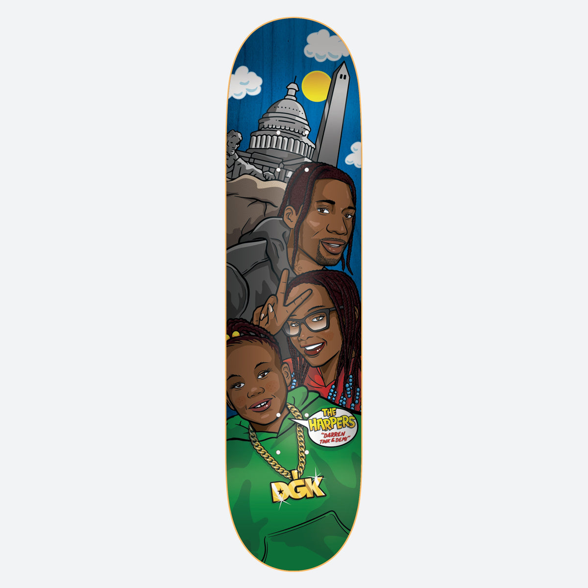 DGK Street Soldier The Harpers 8.0 skateboard deck: A cartoon family portrait of a man, a woman making a peace sign and a child in a green hoodie with a gold DGK chain, in front of the US Capitol and Washington Monument under a blue sky. A speech label names The Harpers.