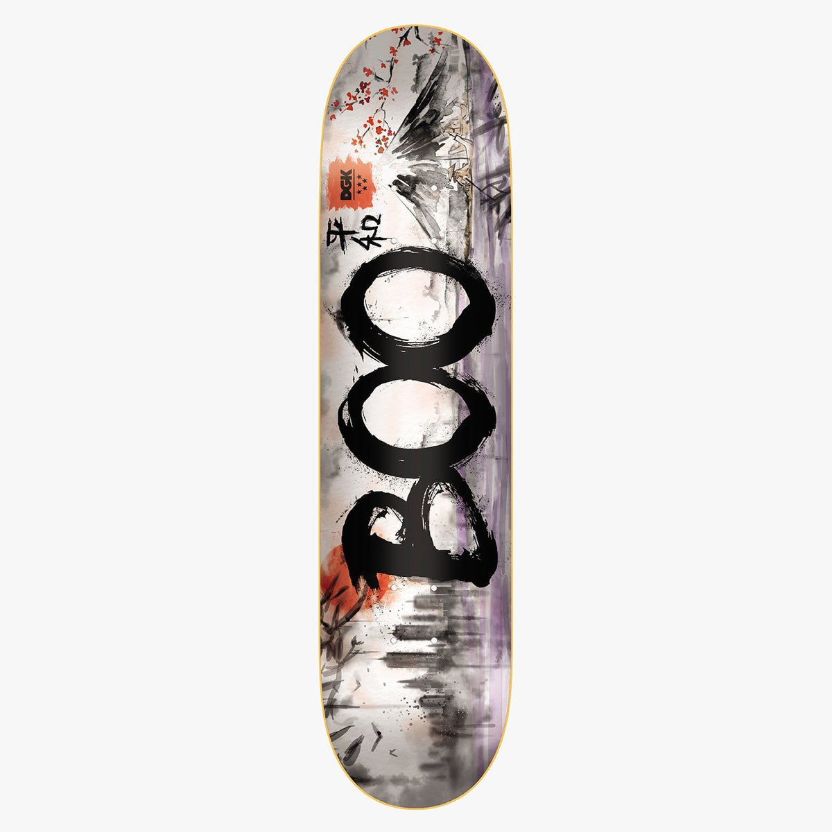 DGK Sumi Boo 8.5 skateboard deck: Ink-wash painting style graphic with large black brushstroke lettering reading BOO, a cityscape, cherry blossom branch and red sun, plus Japanese characters and a small DGK logo.