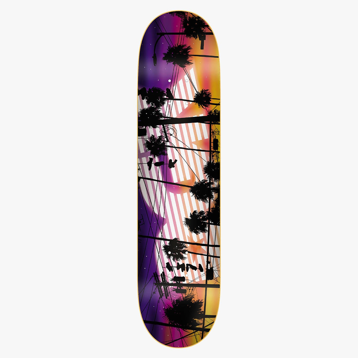 DGK Sunset Twilight skateboard deck: Black silhouettes of palm trees and tangled power lines against a purple to orange twilight sky, with a faint pink and white striped logo shape behind them.