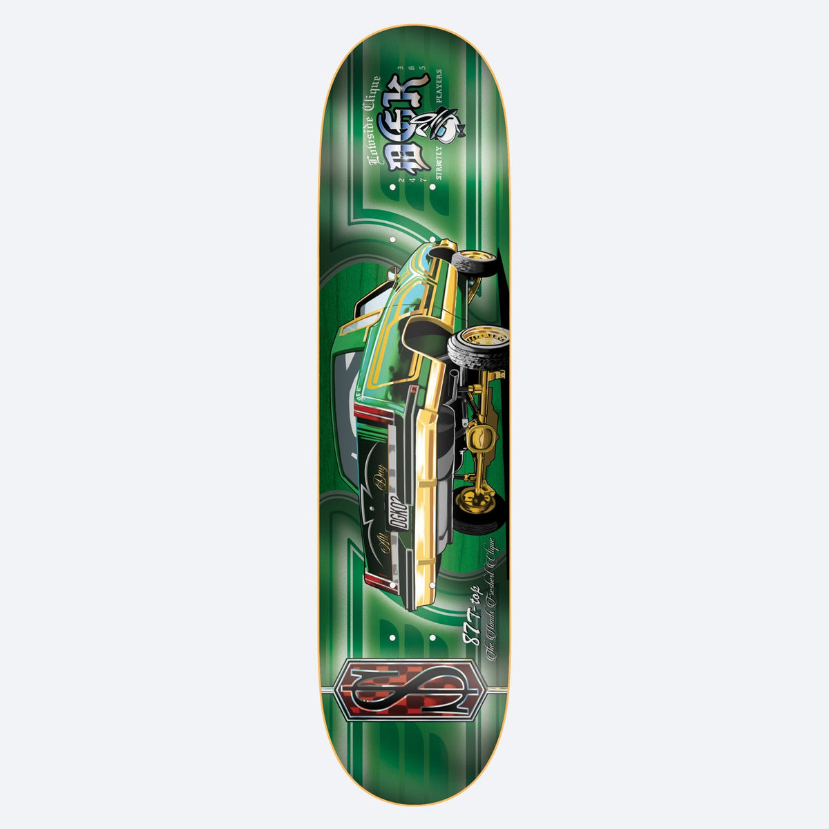 DGK T - Top 8.38 skateboard deck: Green deck with a gold-trimmed green lowrider pickup truck seen from the side, with hydraulic detailing, and a DGK Lowside Clique crest at the top. Chevron-like emblem at the tail.